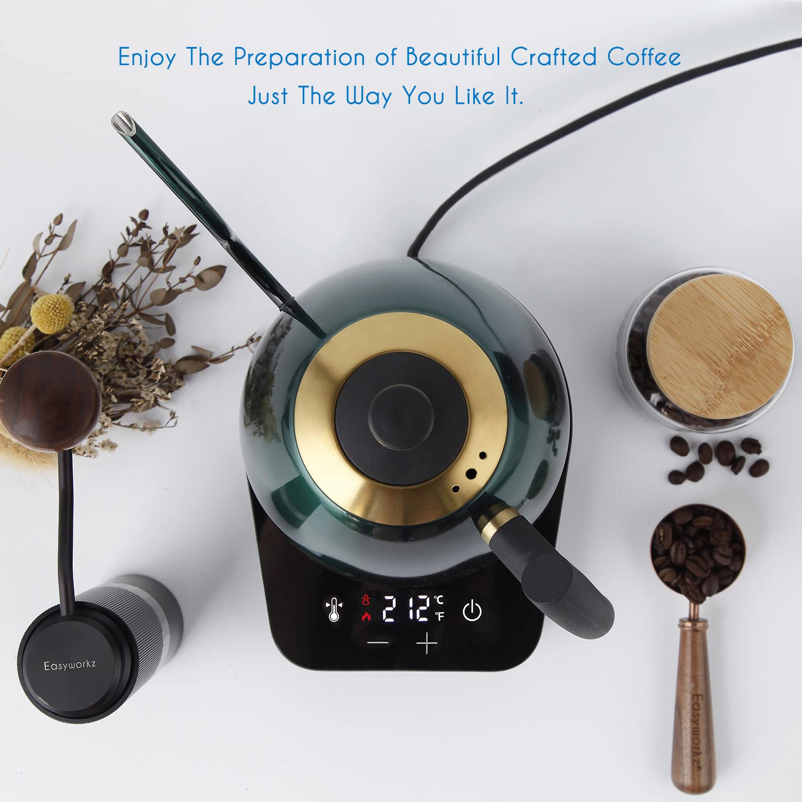 Easyworkz hervidor de café eléctrico de cuello de cisne, tetera de acero inoxidable con goteo manual, control de temperatura de 800 ml, calentamiento rápido de 1200 W