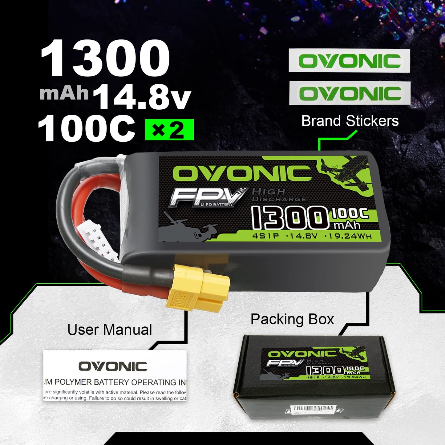 Batería Lipo OVONIC 4s 100C 1300mAh 14.8V con conector XT60 para Drone RC FPV Racing Quadcopter