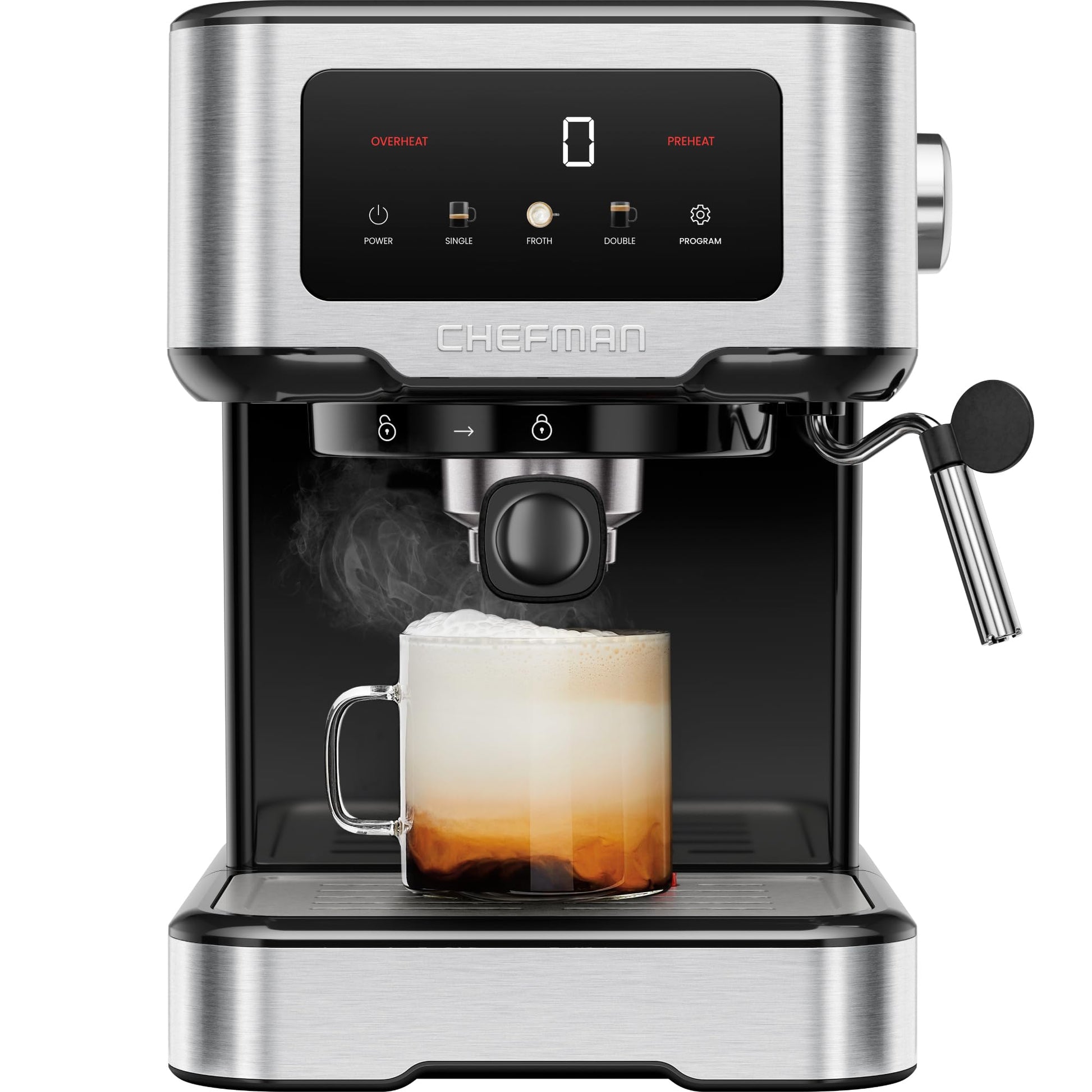 Chefman Máquina de espresso Chefman CraftBrew, cafetera digital con bomba de 15 bares con varilla de vapor para café con leche y capuchino, compacta con depósito de agua extraíble de 1.8L - acero inoxidable