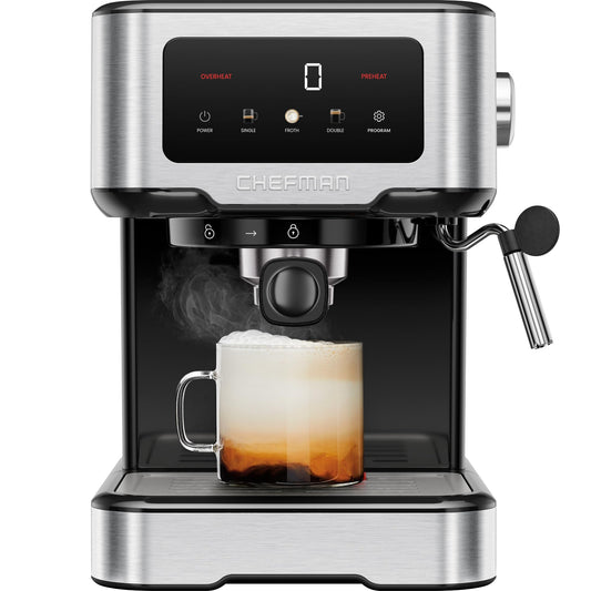 Chefman Máquina de espresso Chefman CraftBrew, cafetera digital con bomba de 15 bares con varilla de vapor para café con leche y capuchino, compacta con depósito de agua extraíble de 1.8L - acero inoxidable