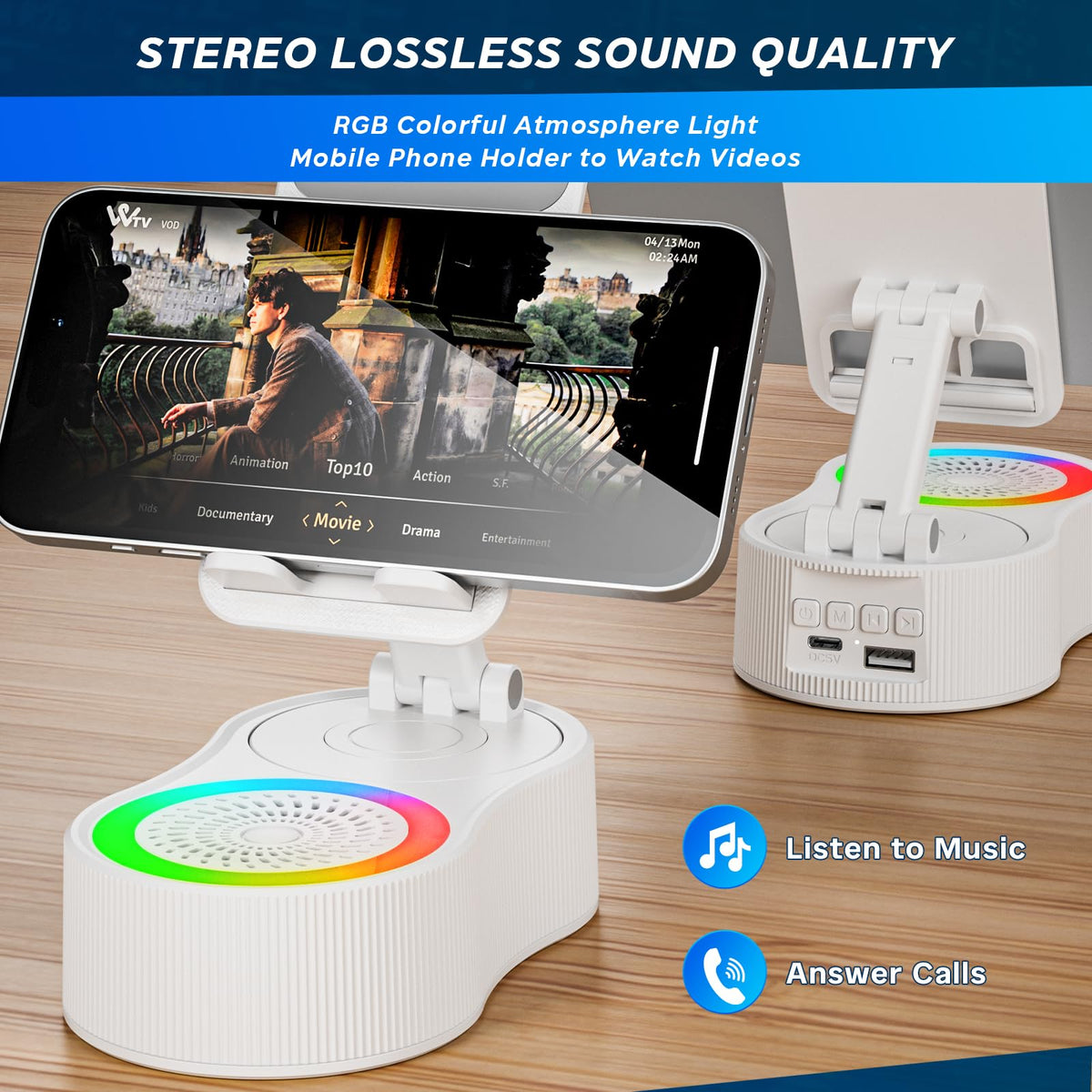 Soporte para Teléfono Celular con Altavoz Bluetooth Inalámbrico Giratorio 360° para Escritorio