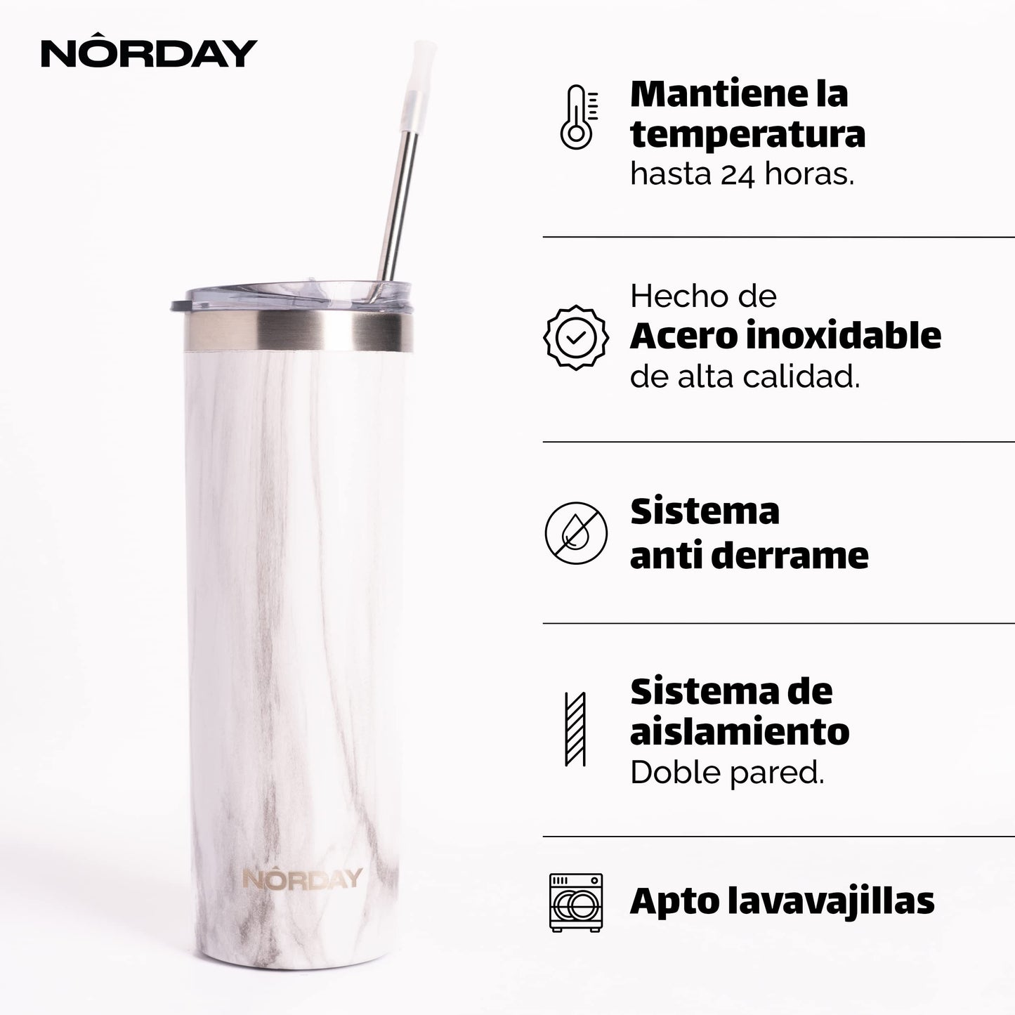 Vaso Térmico Norday Blanco Mármol de 660 ml Doble Pared Antiderrame 24hs para Mujer y Hombre