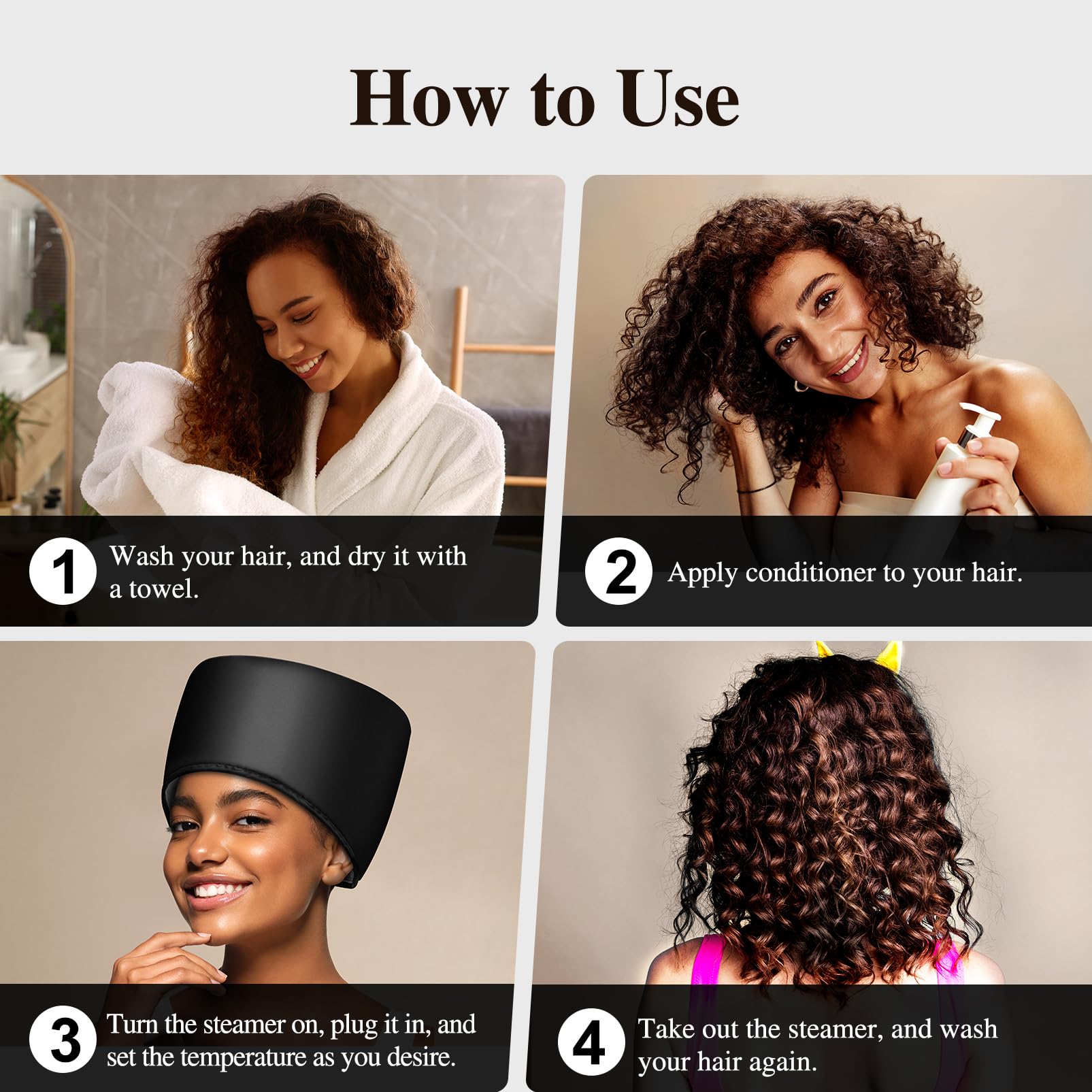 Tapón de Calor Eléctrico para el Cabello Afro Negro con Acondicionador Profundo y 2 Modos de Temperatura