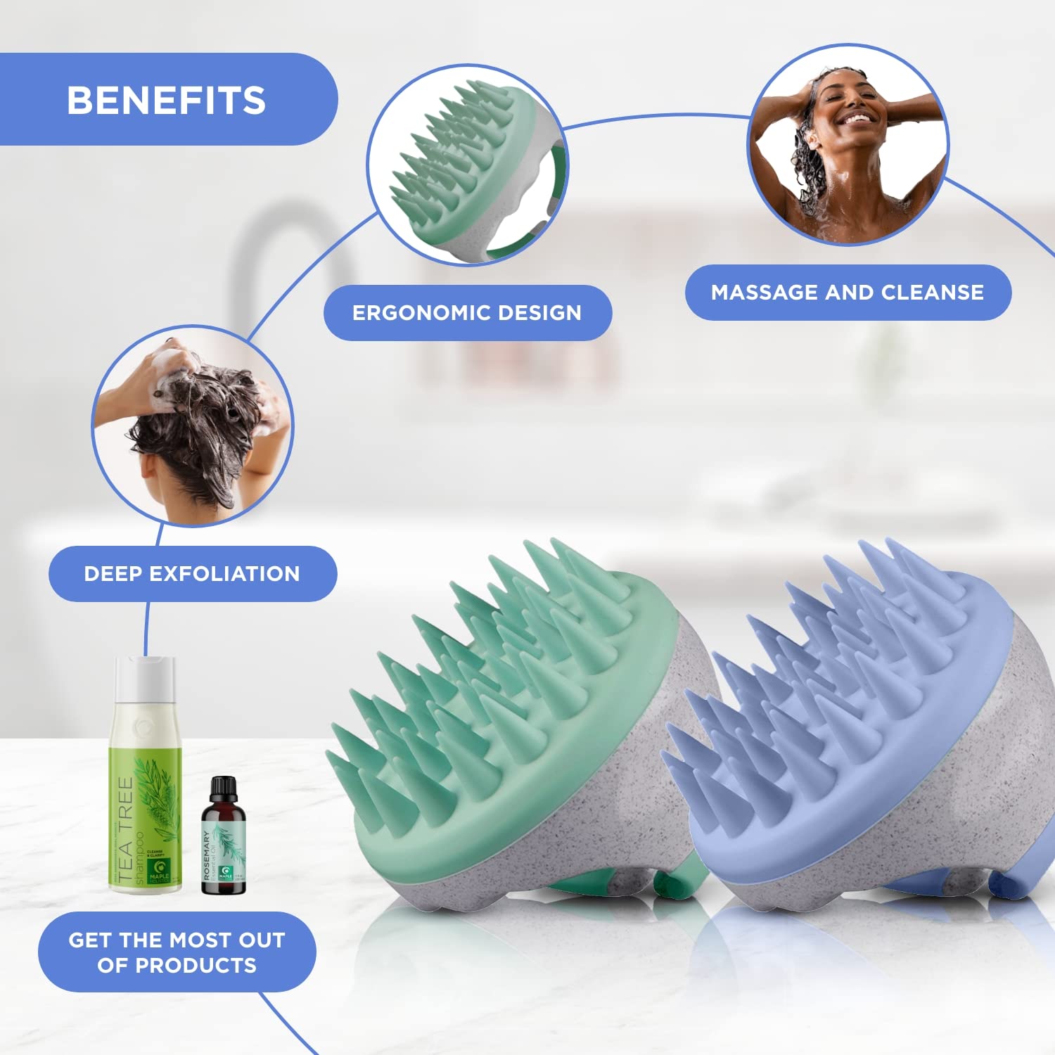 Maple Holistics Cepillo de Champú para El Cabello Y Exfoliante Del Cuero Cabelludo - Masajeador de Silicona Suave para El Cuero Cabelludo Estimulador Del Crecimiento Del Cabello para Cabello Húmedo O