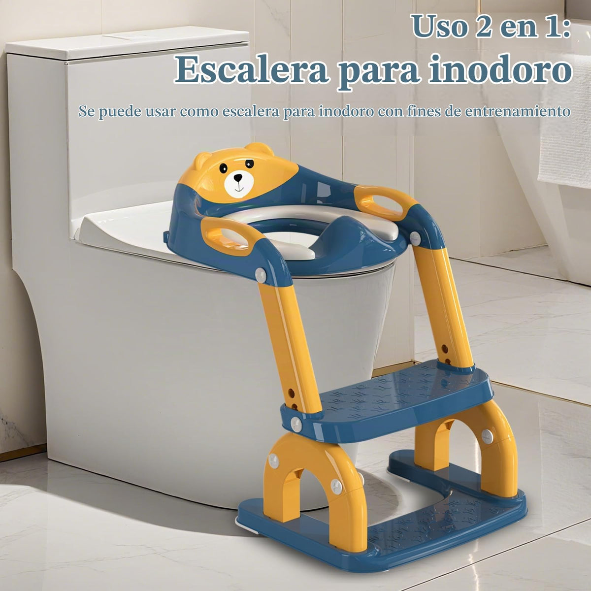 CUXFLS - Asiento de entrenamiento para ir al baño con escalera para niños pequeños, inodoro ajustable 2 en 1 para niños y niñas con protector contra salpicaduras, cojín impermeable, taburete