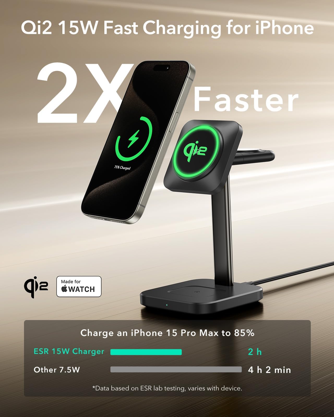 ESR Qi2 estación de carga inalámbrica 3 en 1, [certificado] cargador Apple Watch y cargador Qi2 MagSafe de 15 W para iPhone, cargador inalámbrico para múltiples dispositivos iPhone 16/15/14/13 y reloj