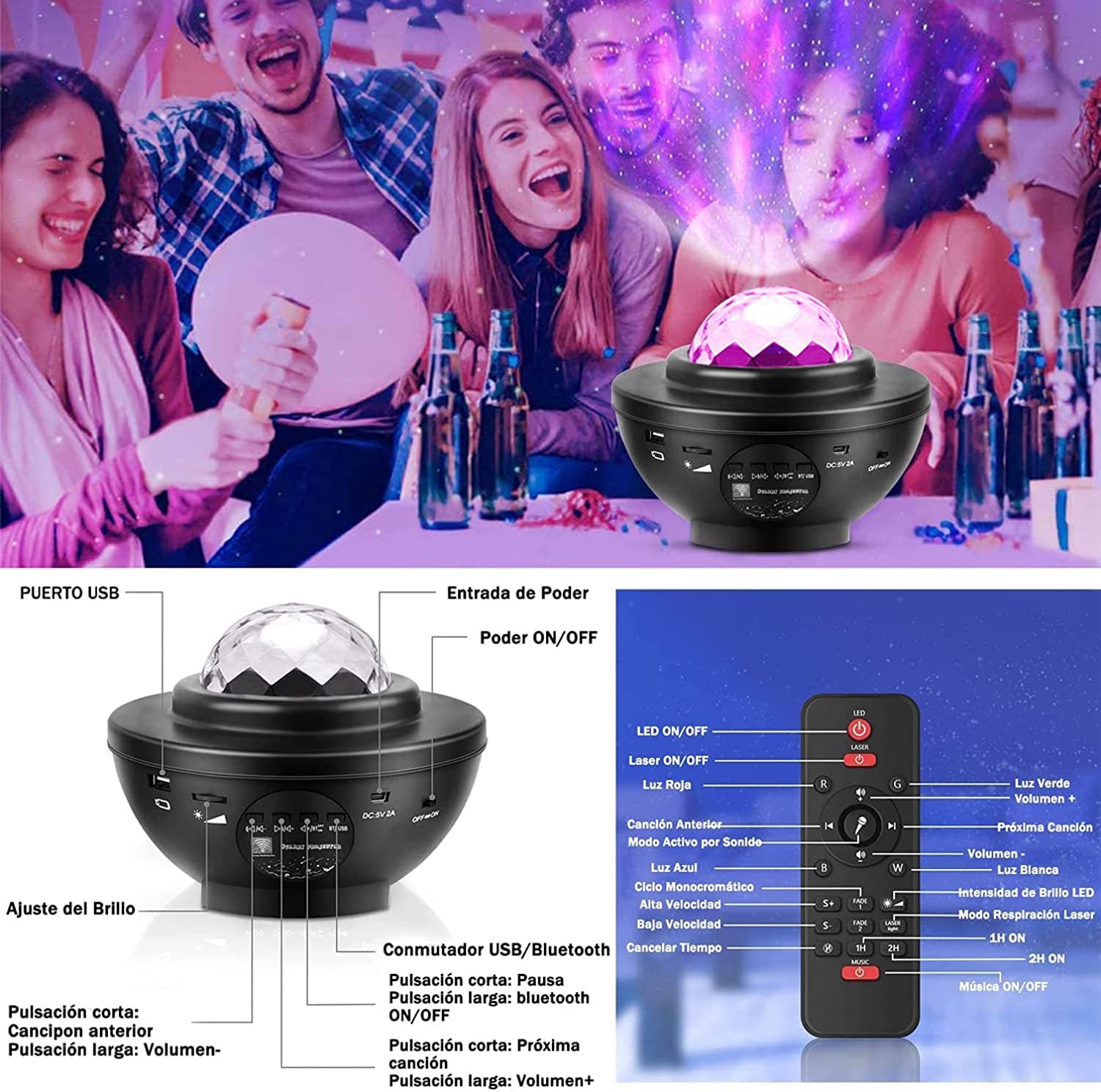 Proyector Lampara de Cielo Estrellado con Altavoz Bluetooth y Control Remoto para Dormitorio