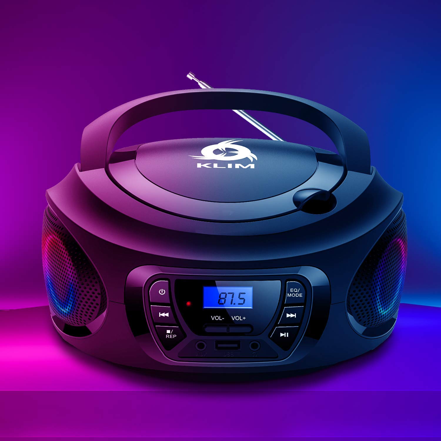KLIM Boombox Sistema de Audio Portátil Radio FM, Reproductor de CD, Bluetooth, MP3, USB, AUX + Incluye Baterías Recargables + Modos Alámbricos e Inalámbricos , Negro (Reacondicionado)