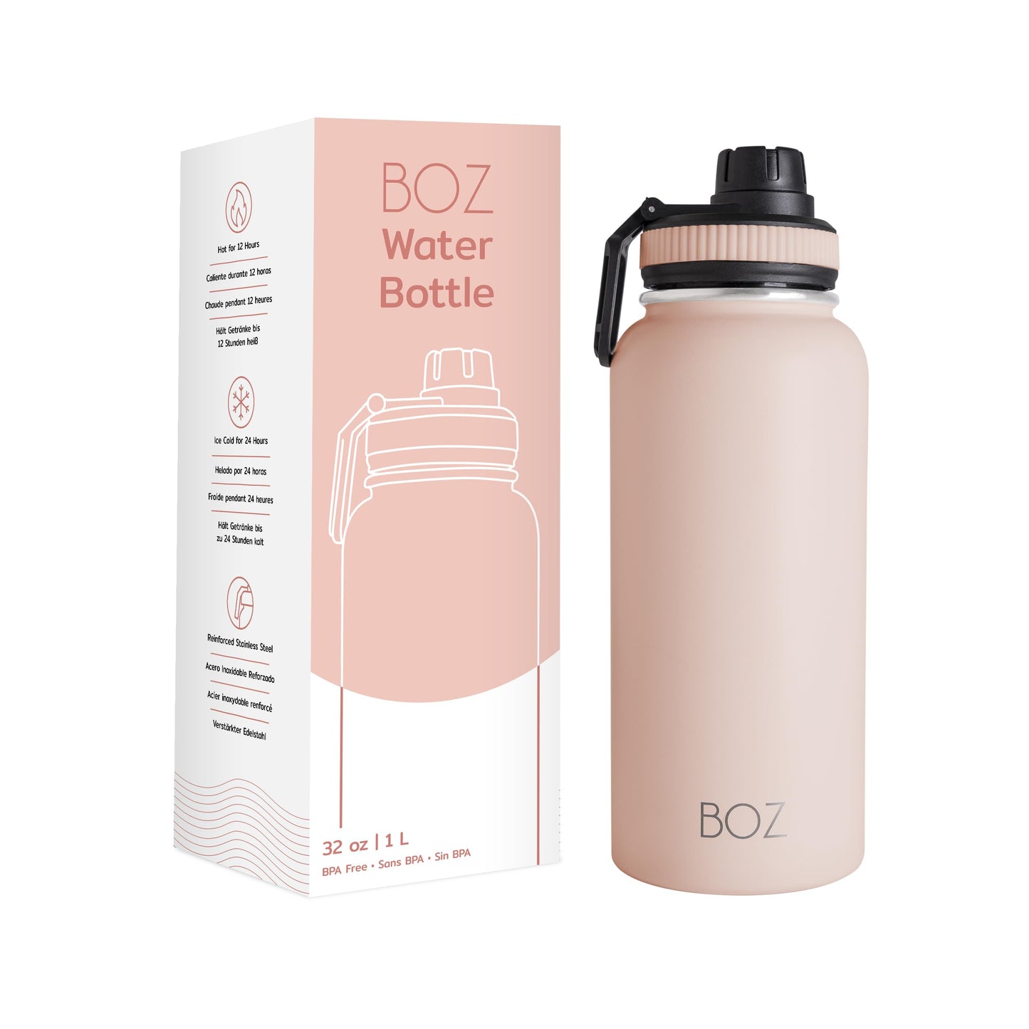 BOZ Botella de agua de acero inoxidable, termo de acero inoxidable 1 litro XL (1 L / 34 oz) boca ancha, sin BPA, aislamiento de doble pared al vacío (Rosa Blush)