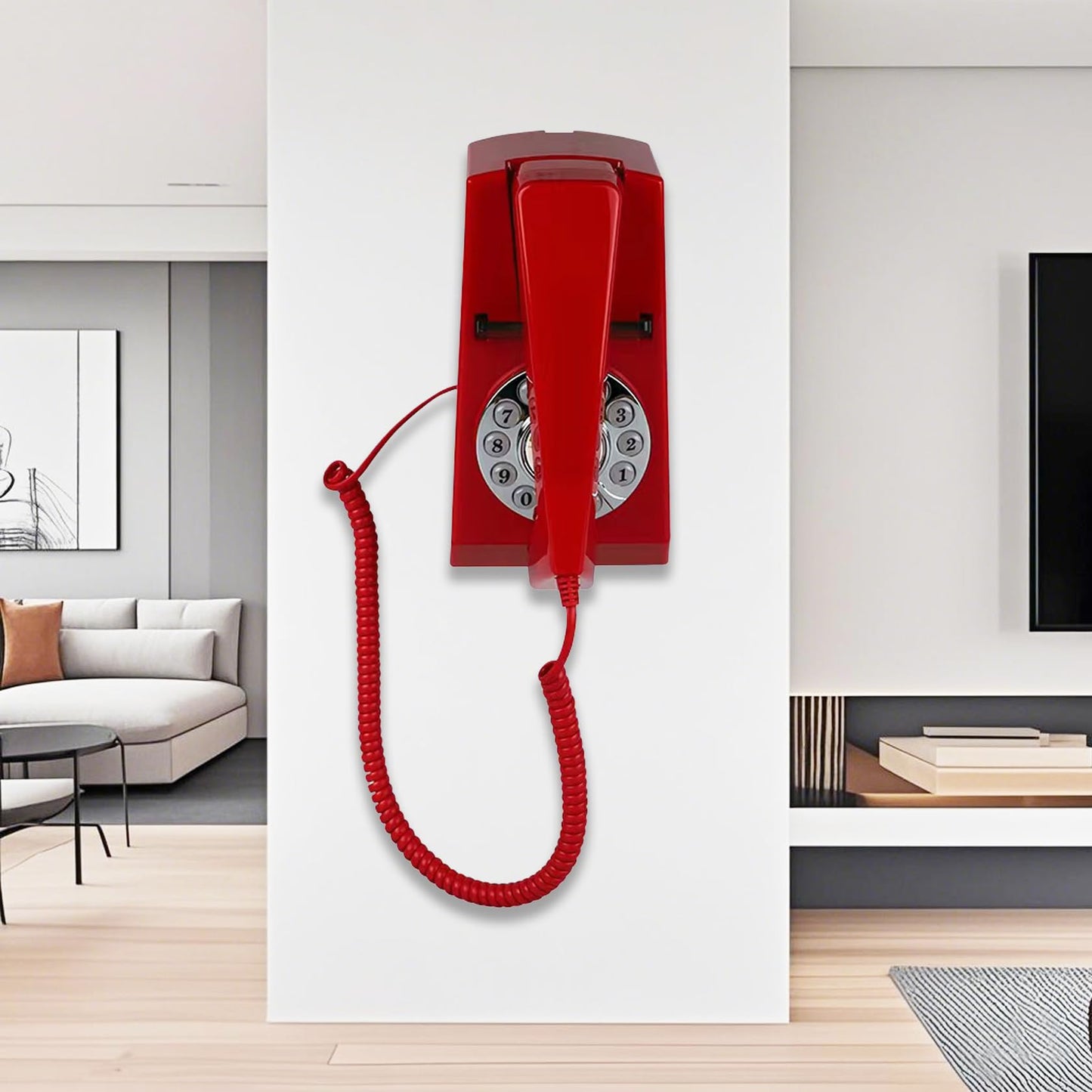 Artisam - Teléfonos fijos para el hogar, teléfono fijo de pared con cable, teléfono retro para el hogar para personas mayores, diseño básico, no requiere alimentación AC, montable en pared (rojo)