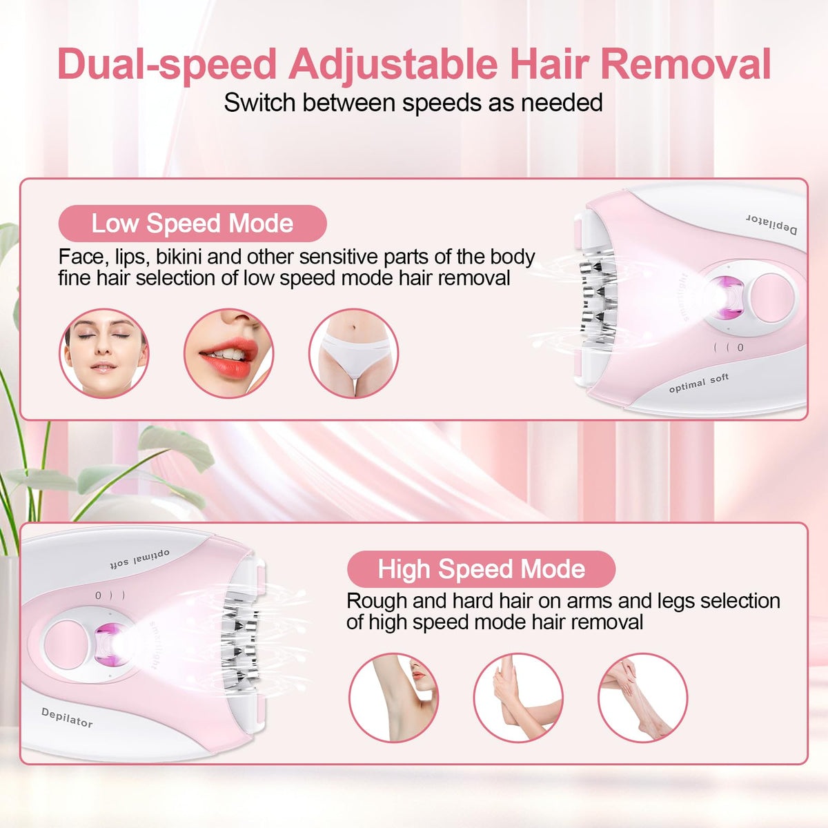Smooth Glide Depiladora para mujer, depiladoras con luz LED, dispositivo de depilación facial de 2 velocidades, con una almohadilla de masaje vibrante y 36 pinzas para axila, brazo, pierna, bikini