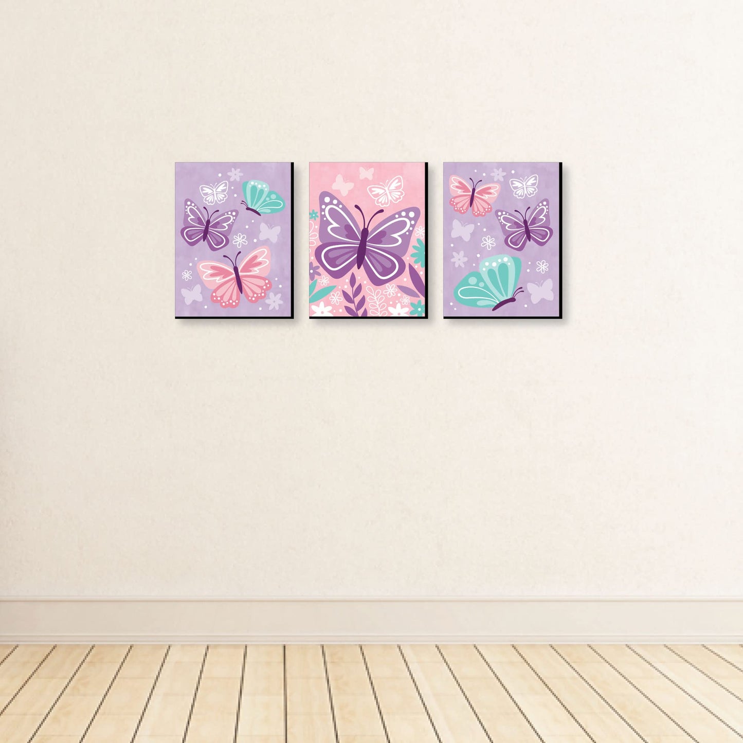 Big Dot of Happiness Beautiful Butterfly - Arte de pared floral para guardería y decoración de habitación de los niños, 7.5 x 10 pulgadas, juego de 3 impresiones