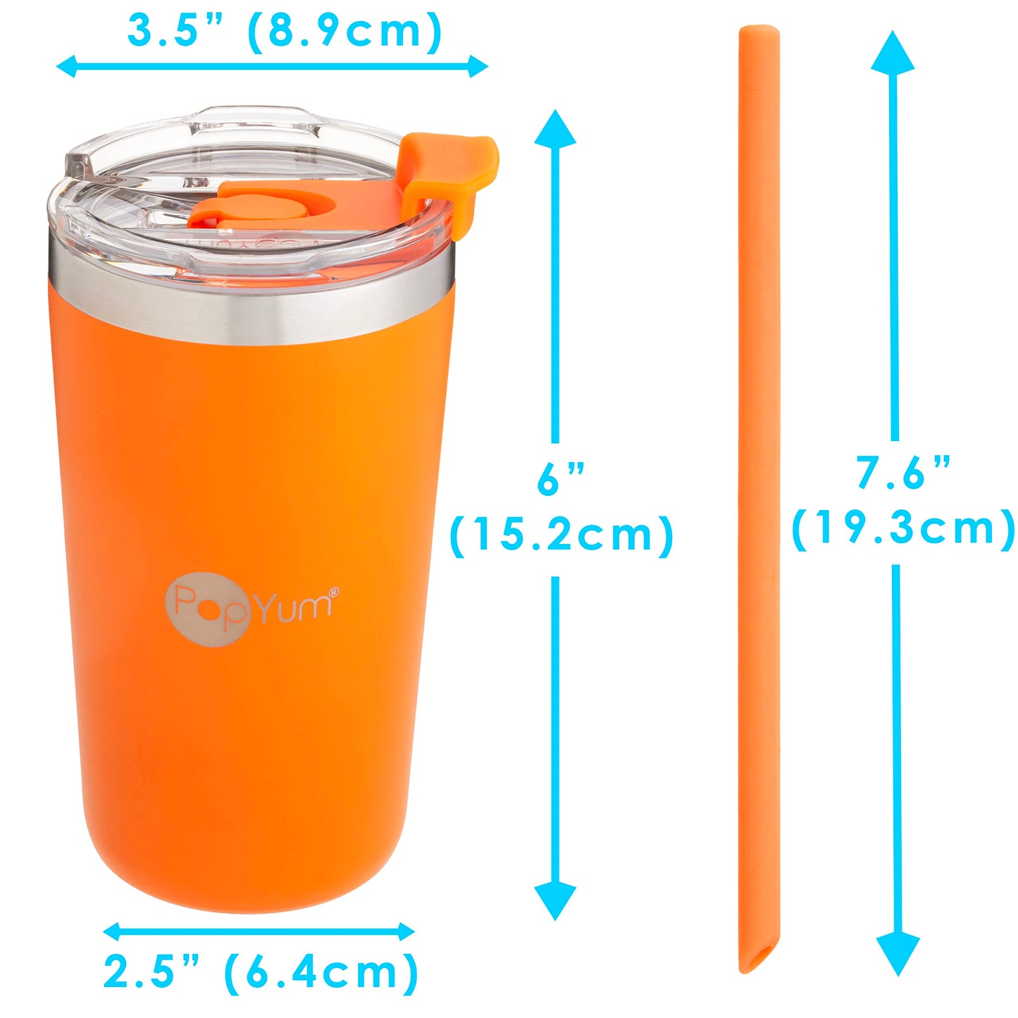 PopYum Vasos Térmicos Anti Derrame de acero inoxidable para niños de 13 onzas con tapa y popote paquete de 2 naranja y axul