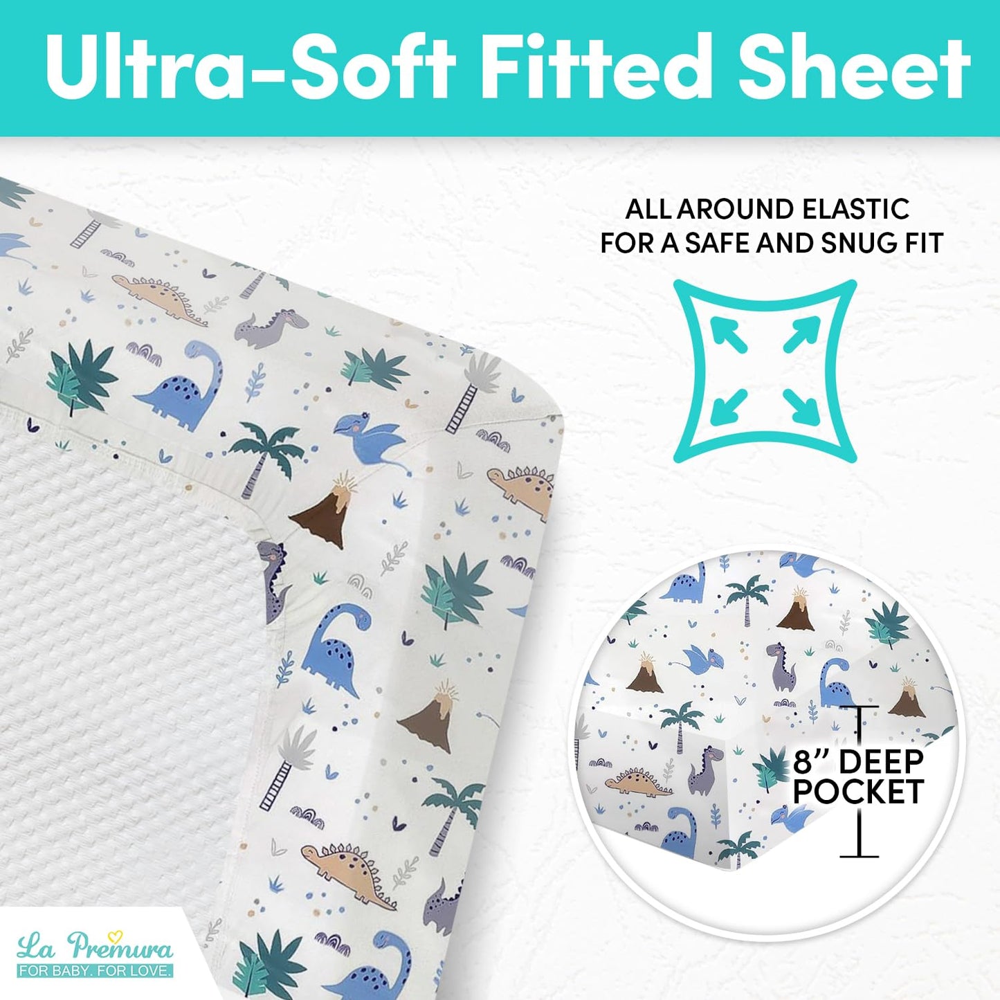 La Premura - Juego de cama para cuna de bebé para niños, juego de edredón de 3 piezas de tamaño estándar de dinosaurio, gris/azul, ropa de cama unisex para guardería y decoración neutra
