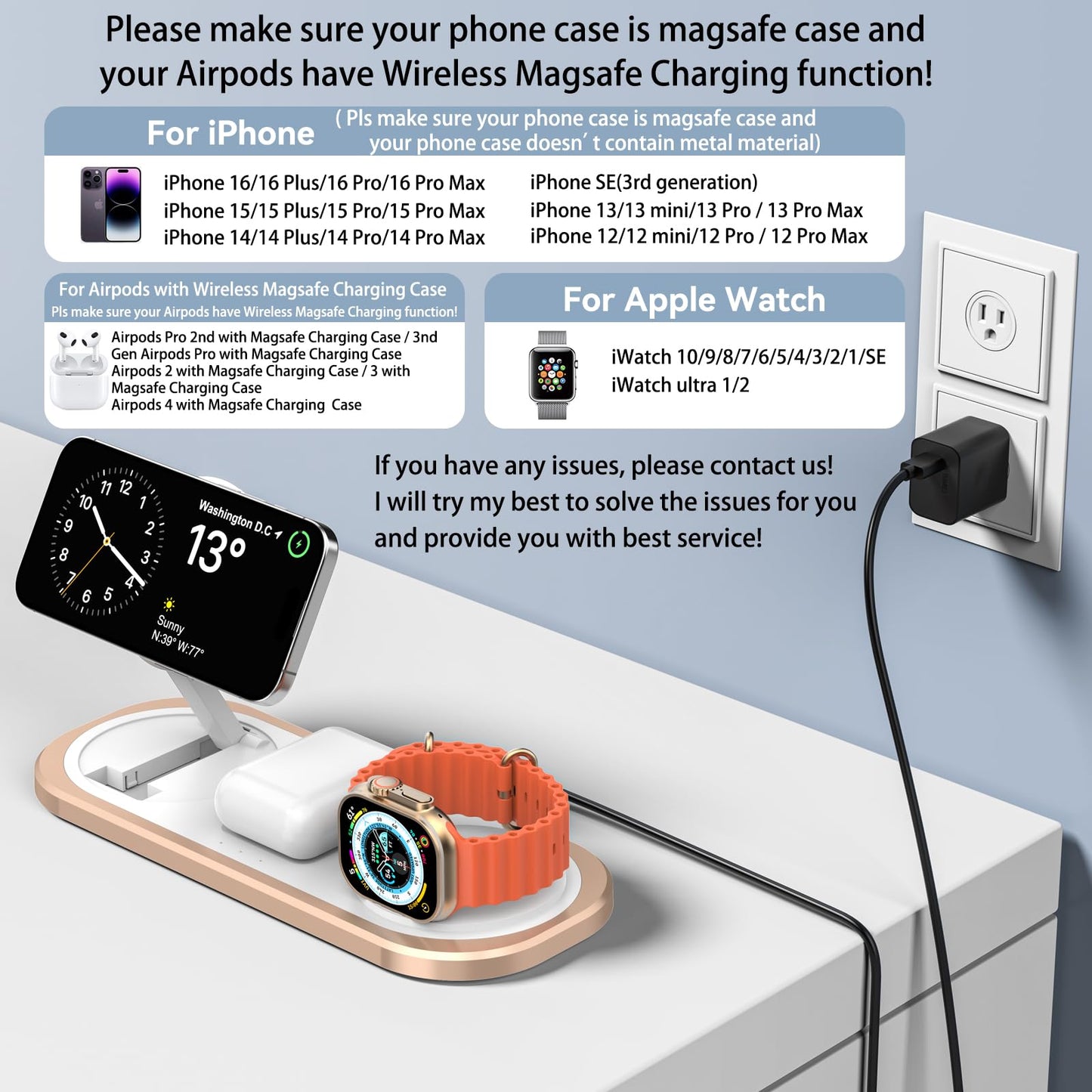 Cargador inalámbrico 3 en 1, estación de Carga magnética Plegable para Magsafe para iPhone 16/15/14/13/12/Pro MAX/Pro/Mini/Plus, Apple Watch 10/9/8/7/SE/6/5/4/3/2/1/Ultra2/Ultra, AirPods pro/2/3/4