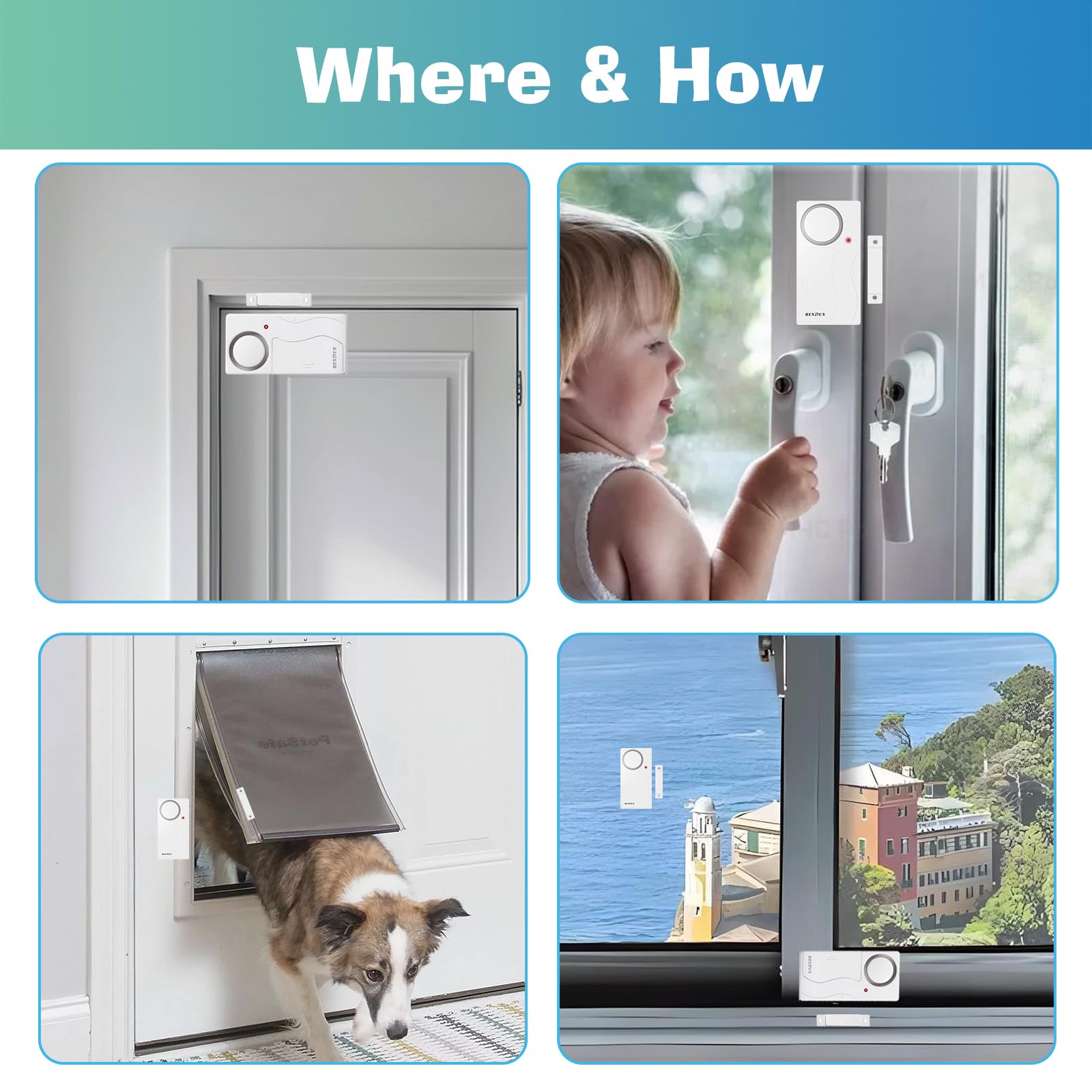 HENDUN - Alarmas de puerta cuando se abren con mando a distancia, campanas de puerta, sensor de seguridad de puerta para seguridad de niños (paquete de 2)