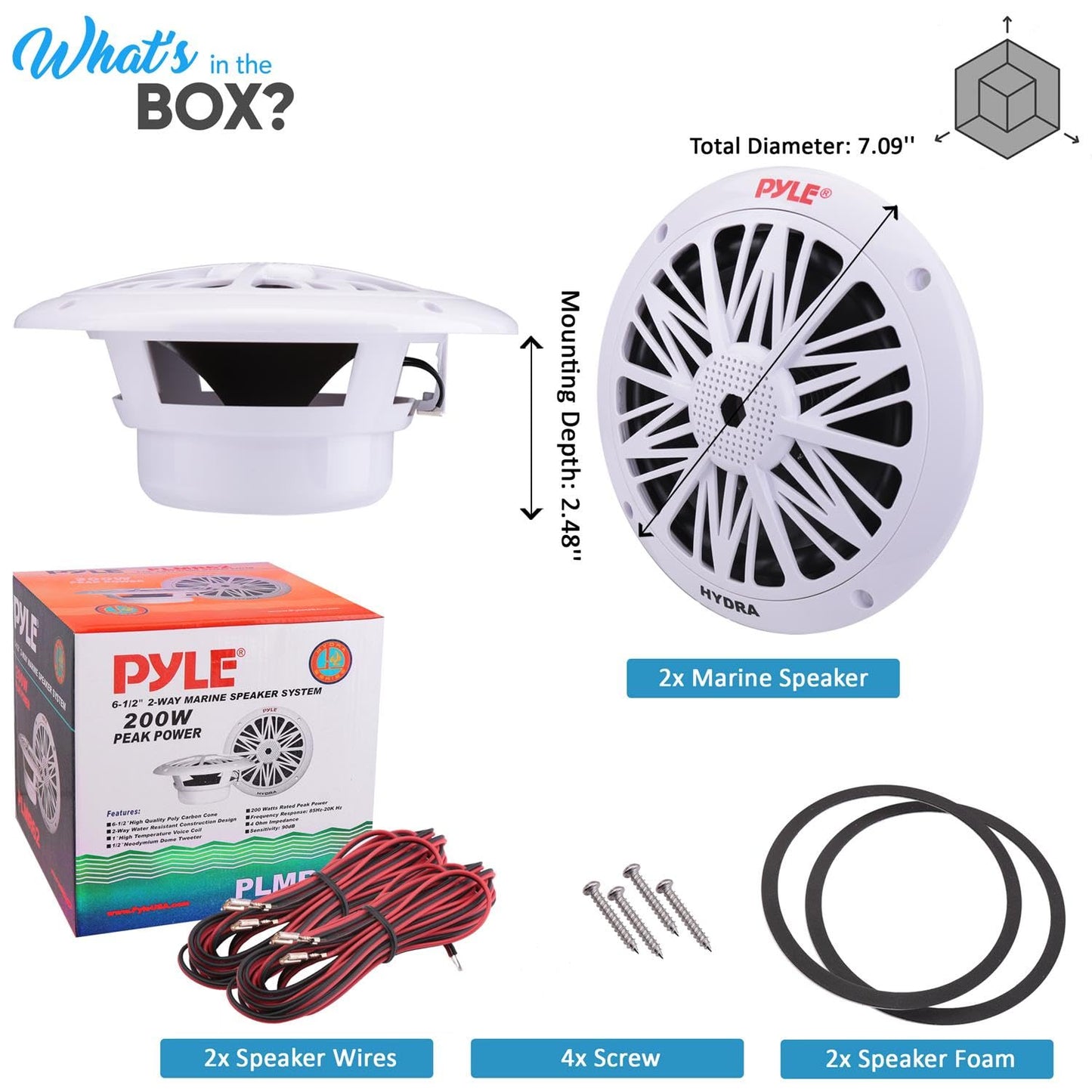 Pyle Bocinas Marinas 6.5 Pulgadas 200 Vatios, Altavoces para Exteriores, Impermeables y Resistentes, Cono Policarbonato, Borde de Goma Butílica, 1 Par
