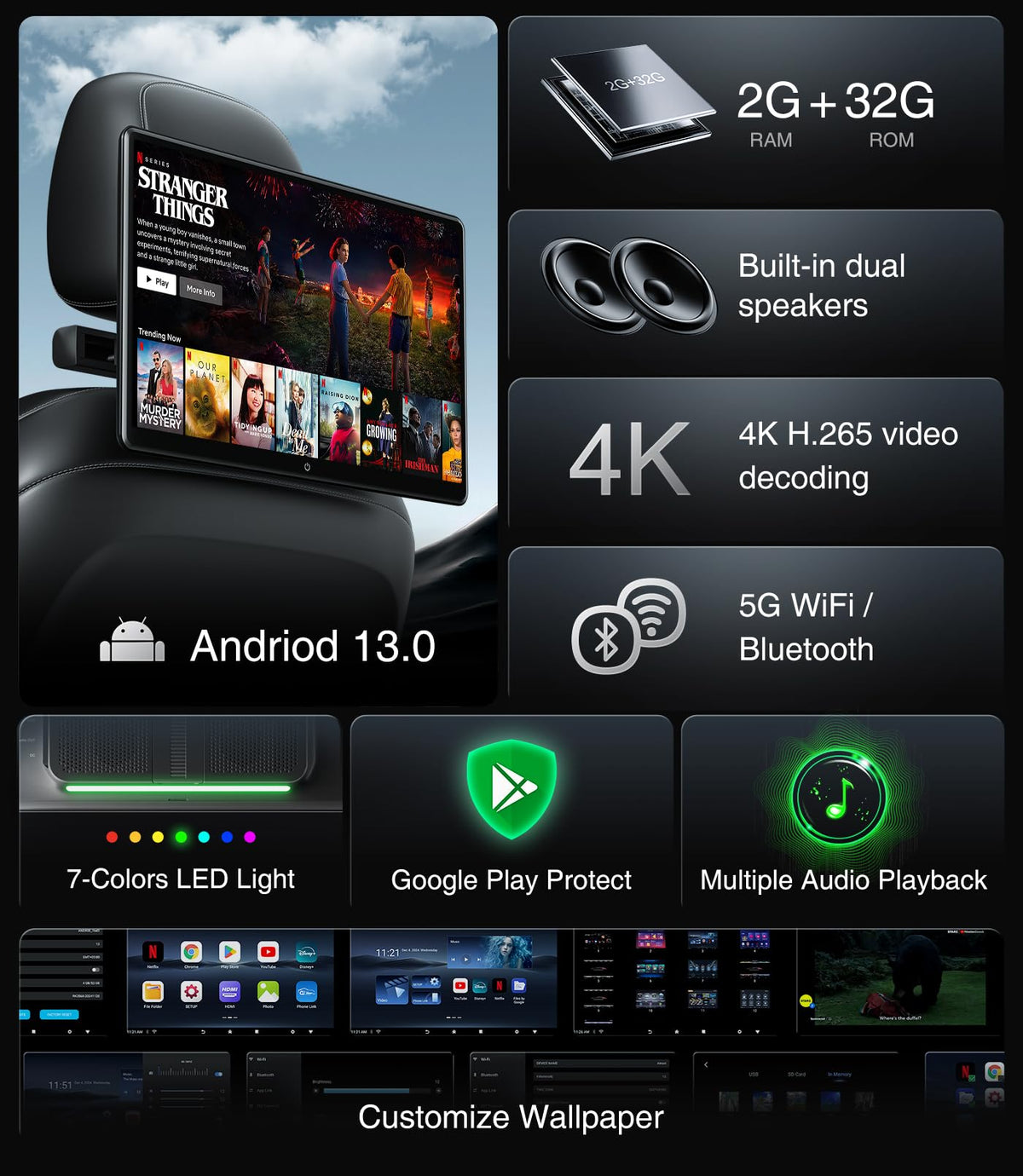 Monitor de Reposacabezas Android 13 Compatible con Teléfono Inalámbrico y Sincronización de Espejo HDMI Bluetooth