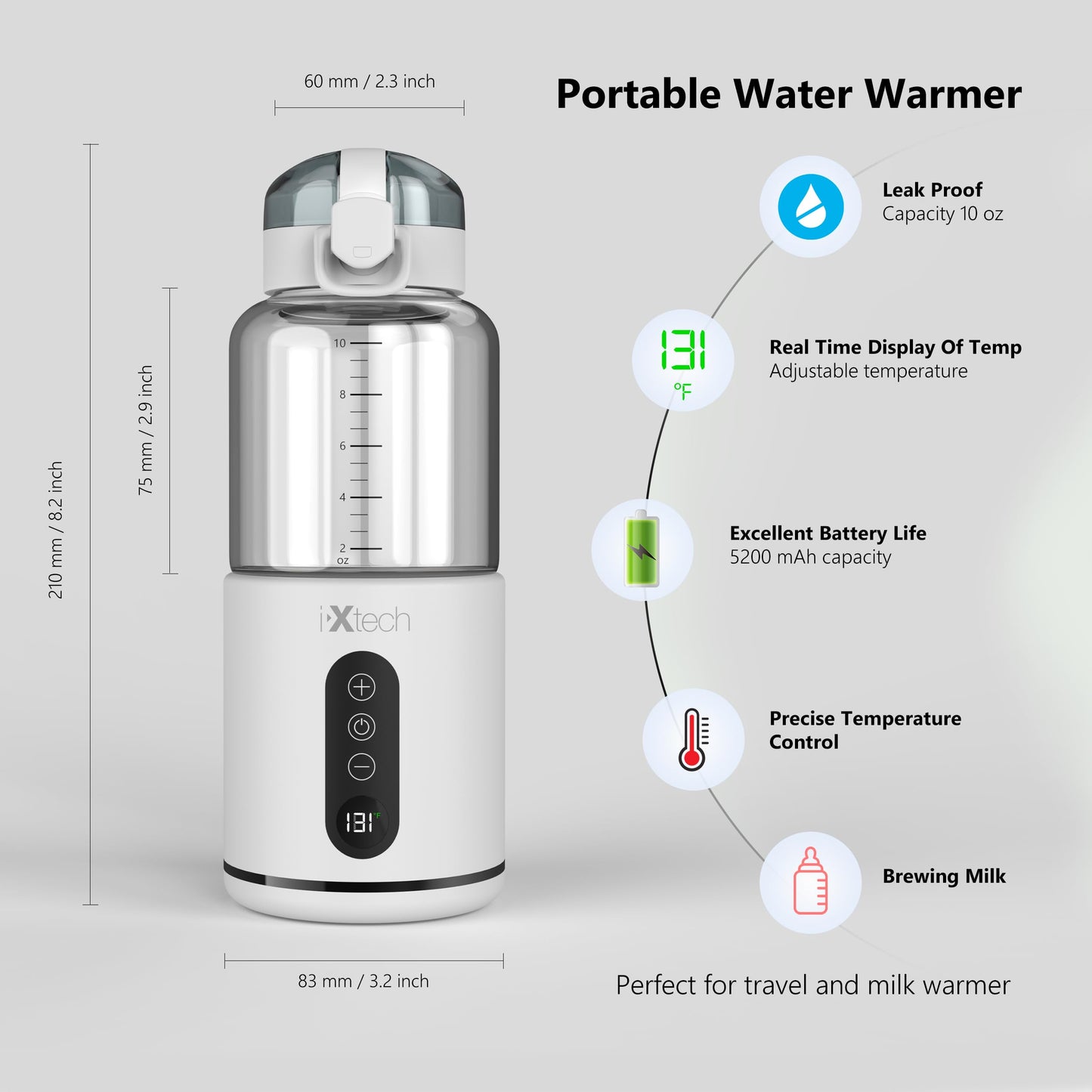 IXTECH Calentador de agua portátil para viajes, leche materna instantánea, calentador de botella portátil de agua con control de temperatura, recargable, inalámbrico