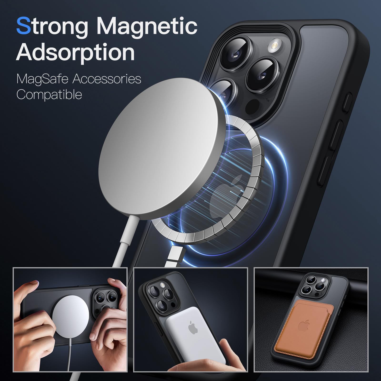 JETech Funda Magnética para iPhone 15 Pro MAX 6.7 Pulgadas Compatible con MagSafe, Carcasa Translúcida Mate Trasera Fina Antigolpes (Negro)