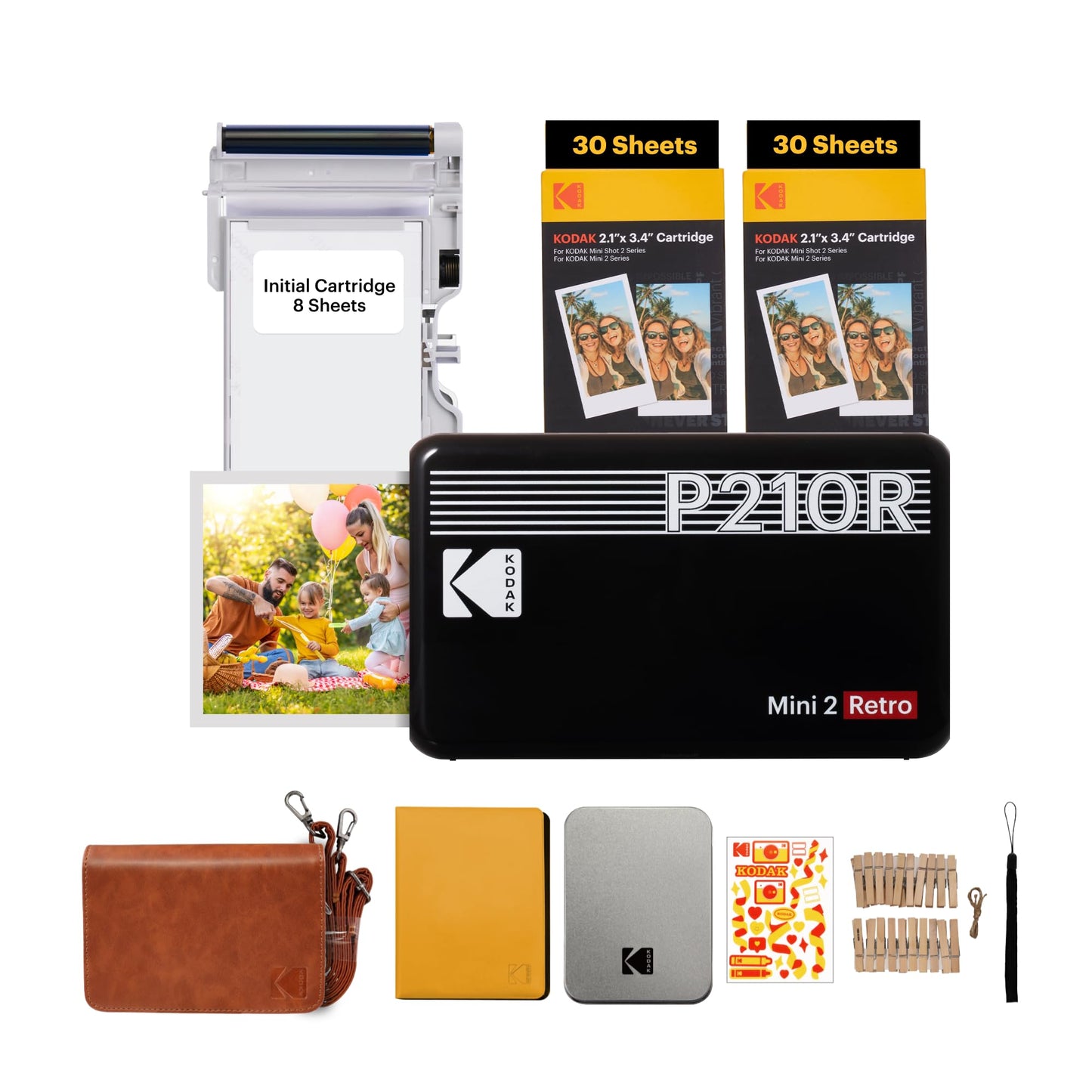 KODAK Mini 2 Retro 4PASS Impresora de Fotos Portátil (5,3x8,6cm) + Pack de Regalo con 68 Hojas, Negro