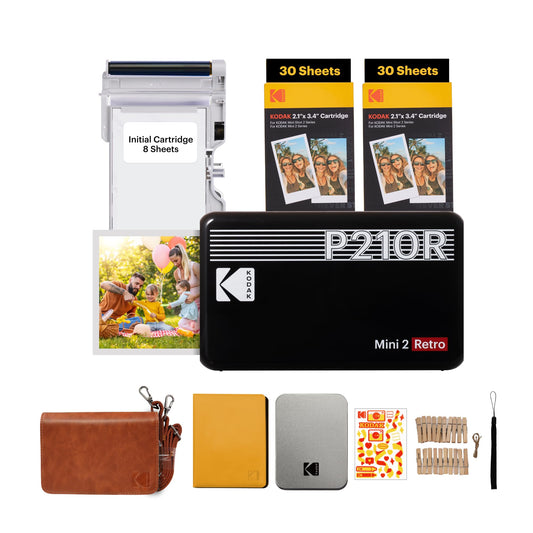 KODAK Mini 2 Retro 4PASS Impresora de Fotos Portátil (5,3x8,6cm) + Pack de Regalo con 68 Hojas, Negro