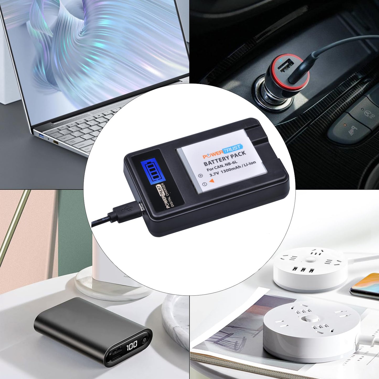 Paquete de Baterías PowerTrust NB-6L NB-6LH con Cargador USB LCD para Cámara Canon Color Negro