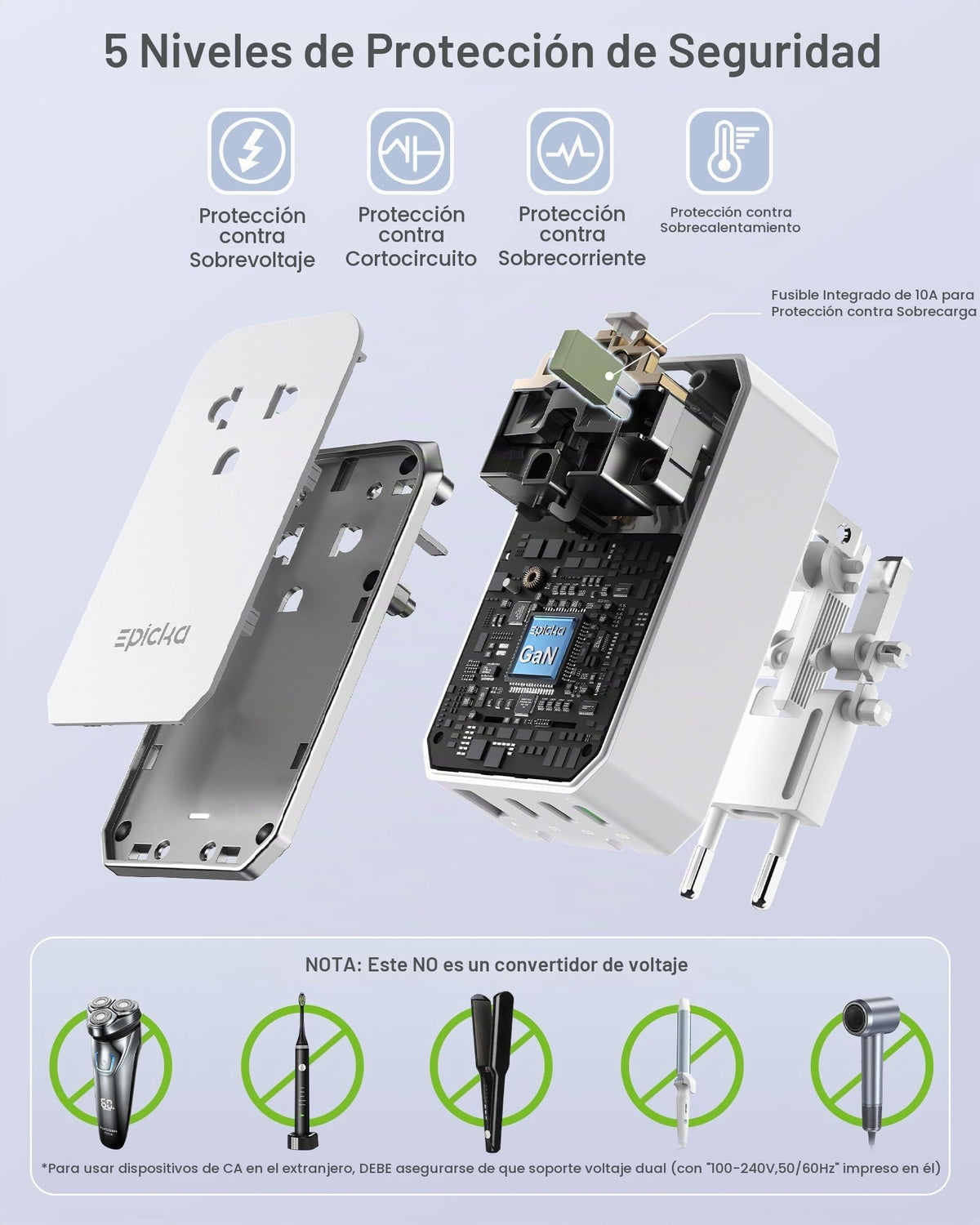 Adaptador de Viaje Universal EPICKA Blanco con Carga Rápida PD para Estados Unidos