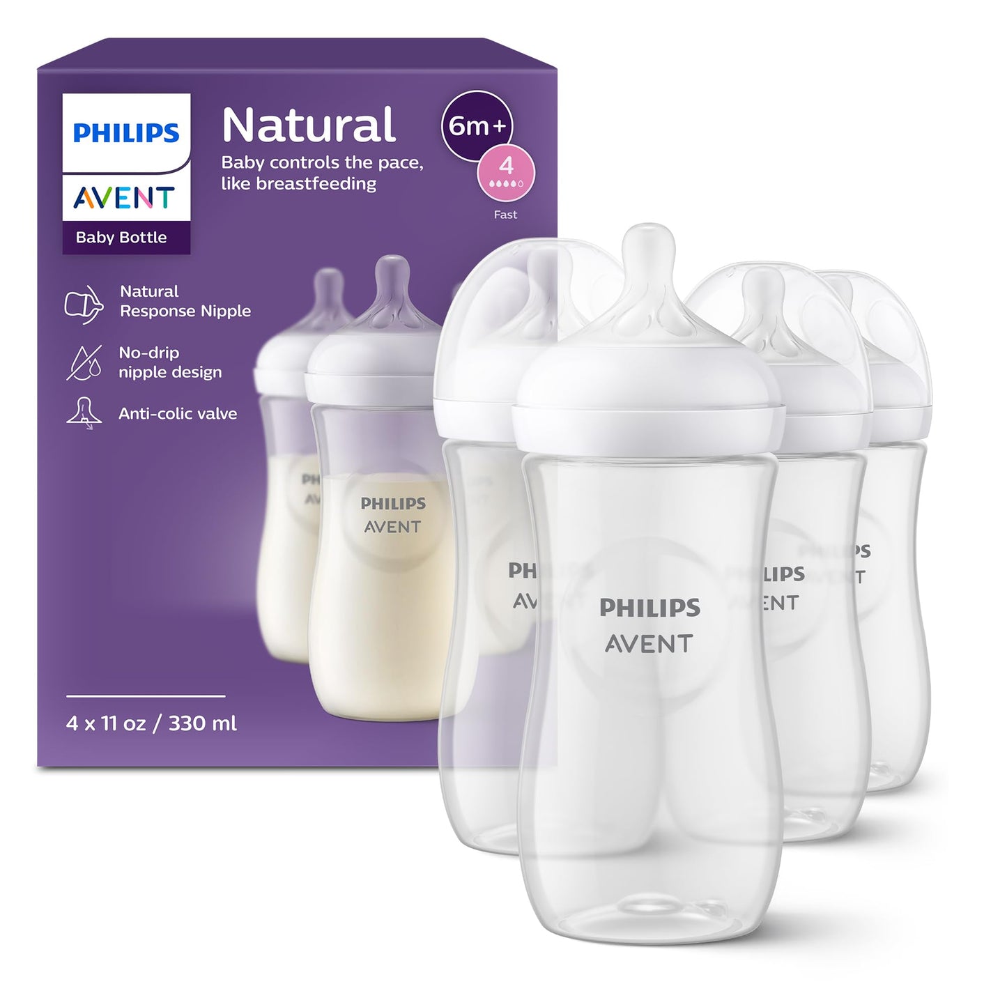 Biberón Philips AVENT Transparente Respuesta Natural 11 Onzas Paquete de 4 Unidades