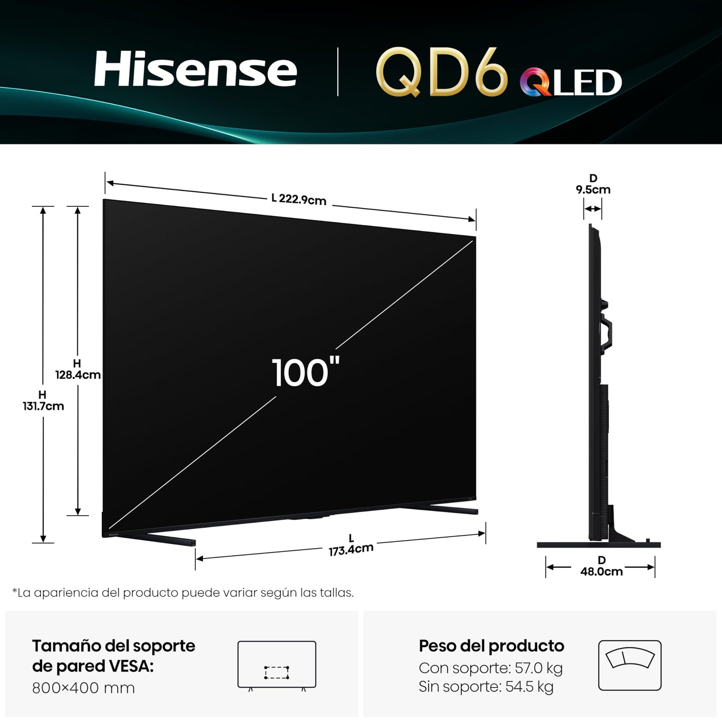 Hisense Television QD6QFM(Modelo 2025) Pantalla 100 Pulgadas,QLED Smart Fire TV UHD 4K,Control Remoto por Voz con Alexa,Escalado AI a 4K,Dolby Vision Atmos, Modo de Juego Pro de 144 Hz