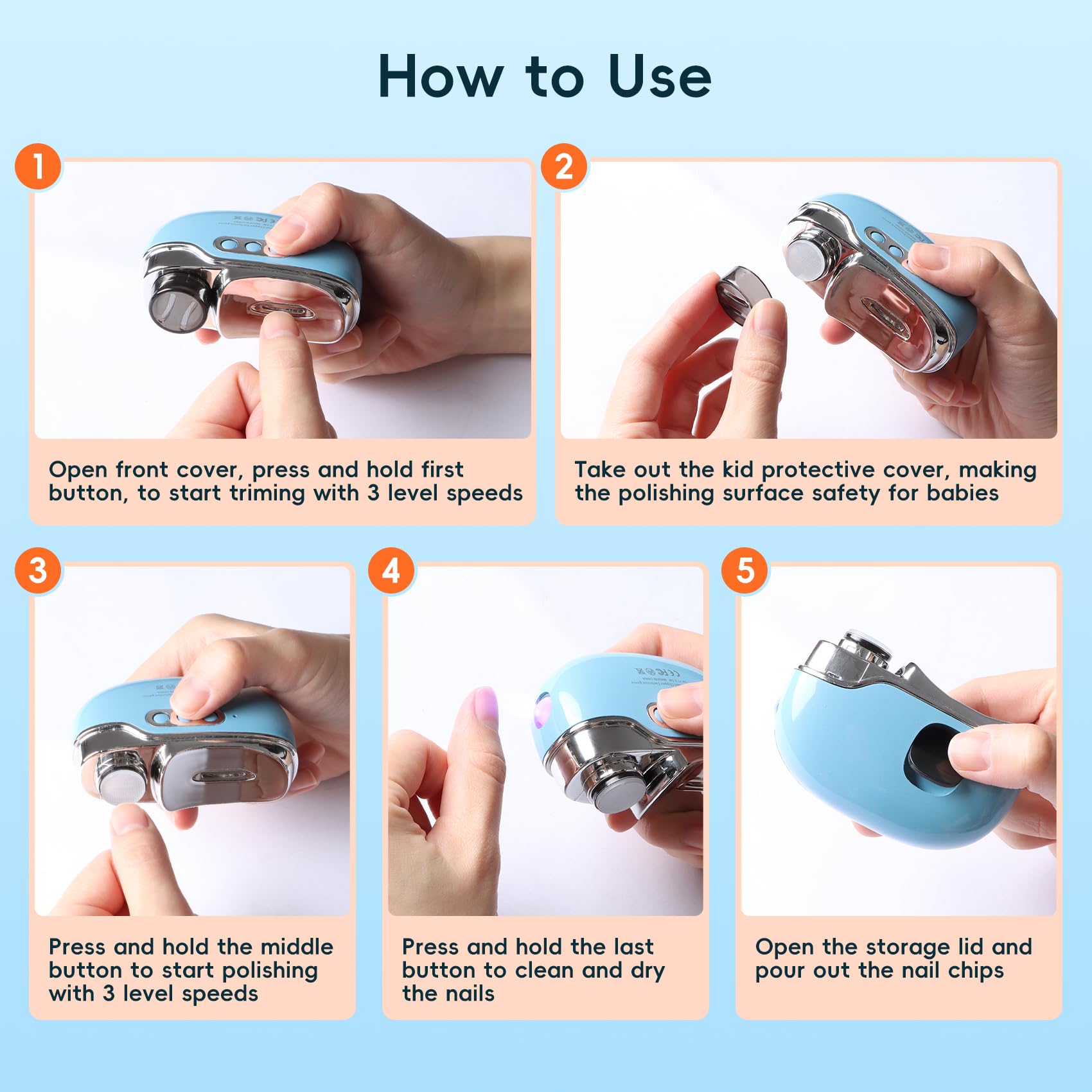 Blissleaf Cortaúñas eléctrico, lima de uñas eléctrica segura y fácil de usar, kit de cortaúñas para bebés y niños pequeños, con luz LED y estuche (azul)