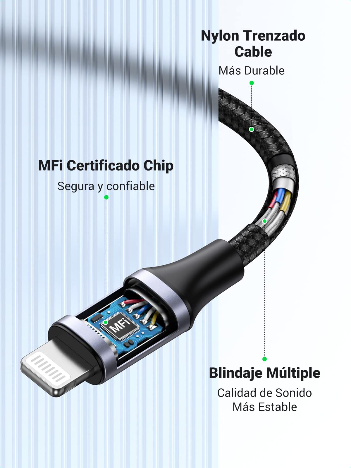 UGREEN Adaptador de Auriculares Lightning(Certificado MFI) HiFi Adaptador Audifonos Lightning a 3,5mm Compatible con iPhone 14/13/12/11/XS/X/XR/8/7, iPad, iOS 12 o Posterior