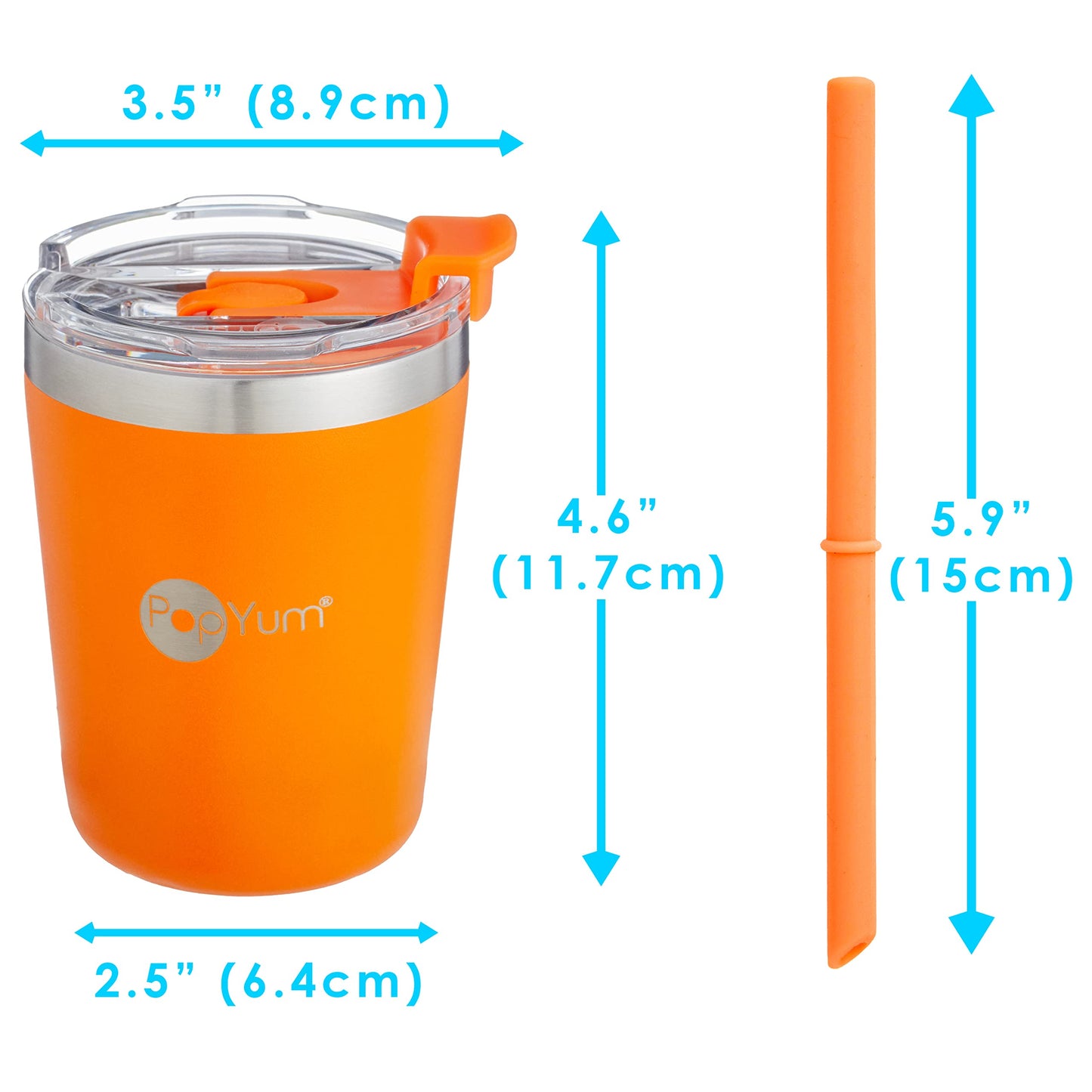 PopYum - Tazas para niños de acero inoxidable aisladas de 9 oz con tapa y popote, paquete de 2, naranja, azul, apilables, con borde de beber, para bebé, niño, niño pequeño, termo, de doble pared, al