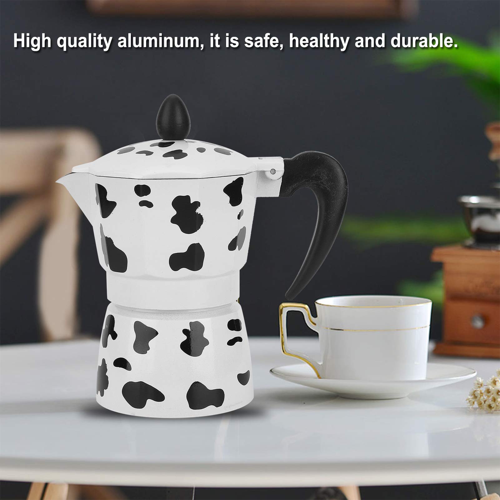 Cafetera de Aluminio, Cafetera, Col Rafe de Vaca Lechera, Cafetera Segura y Cómoda de Usar para Cafetería Casera (3 Tazas de Vaca (3 tazas de color vaca 150ML)
