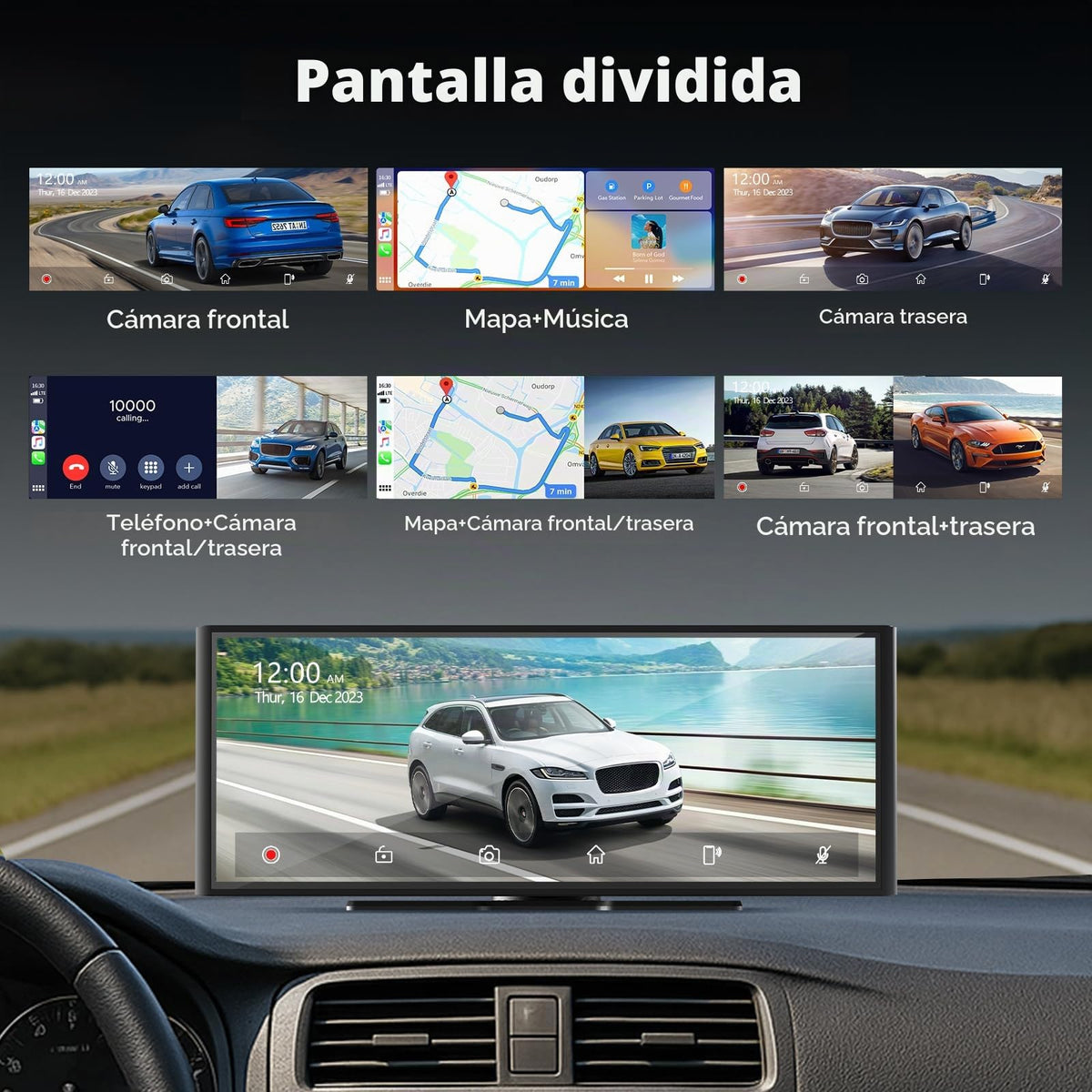 Visualización Carplay Volam 9.26 Pulgadas Negro con Cámara de Salpicadero 4K Compatible con Apple Carplay y Android Auto