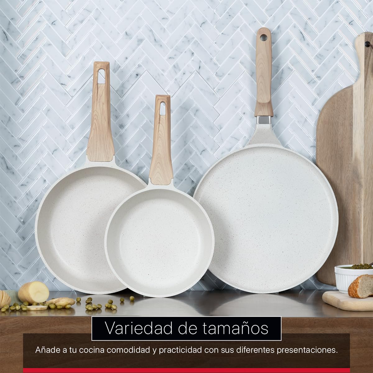 Set de Sartenes y Crepera Cookify Mármol Beige Antiadherente