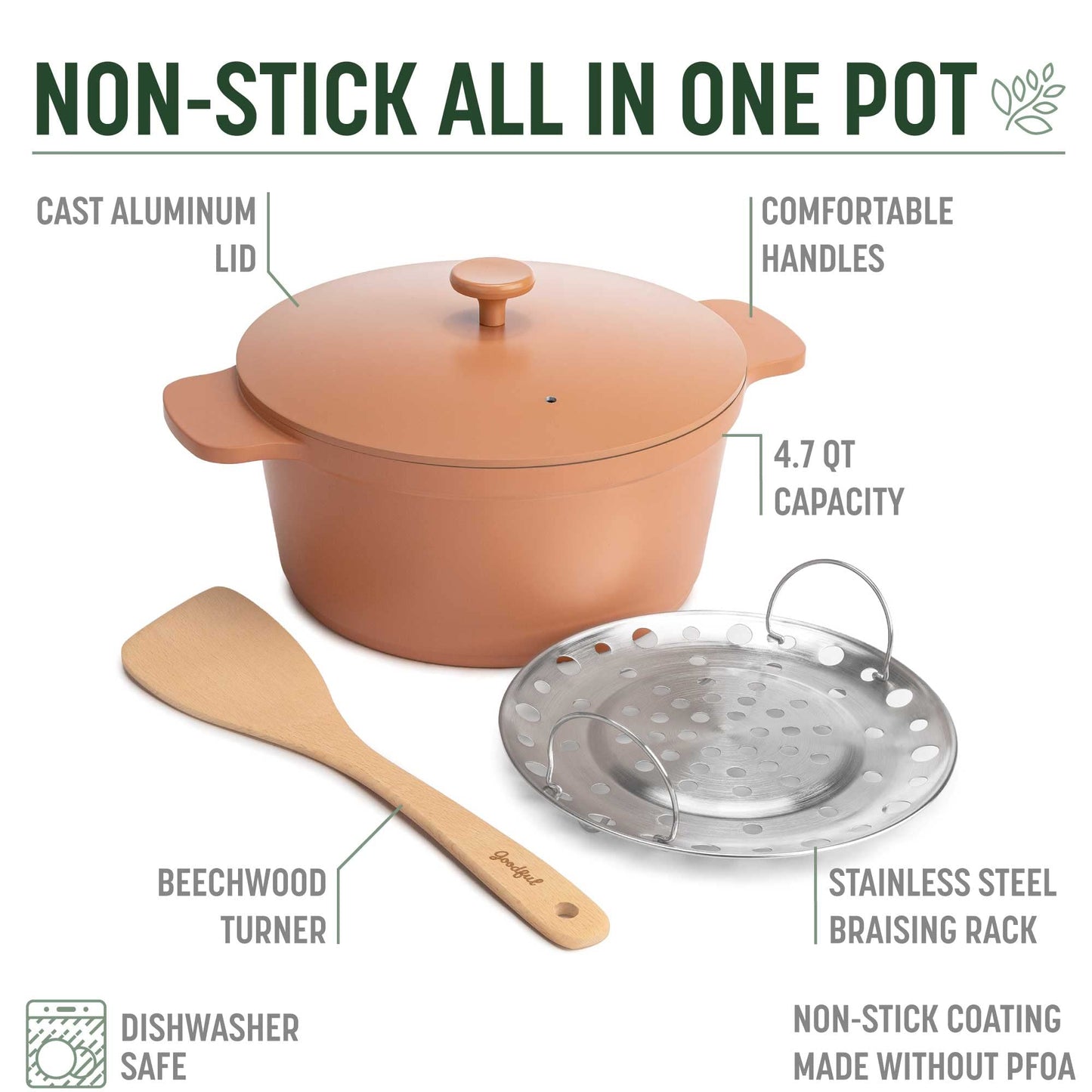 Goodful - Olla todo en uno, antiadherente de revestimiento múltiple, horno holandés fundido de alto rendimiento con tapa a juego, estante para asar y volteador, hecha sin PFOA, utensilios de cocina