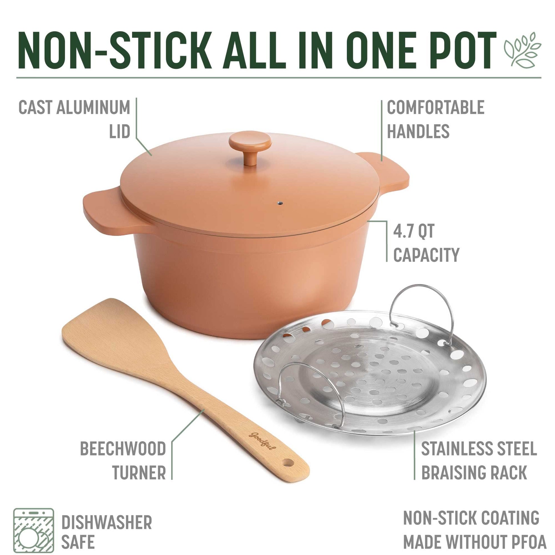 Goodful - Olla todo en uno, antiadherente de revestimiento múltiple, horno holandés fundido de alto rendimiento con tapa a juego, estante para asar y volteador, hecha sin PFOA, utensilios de cocina