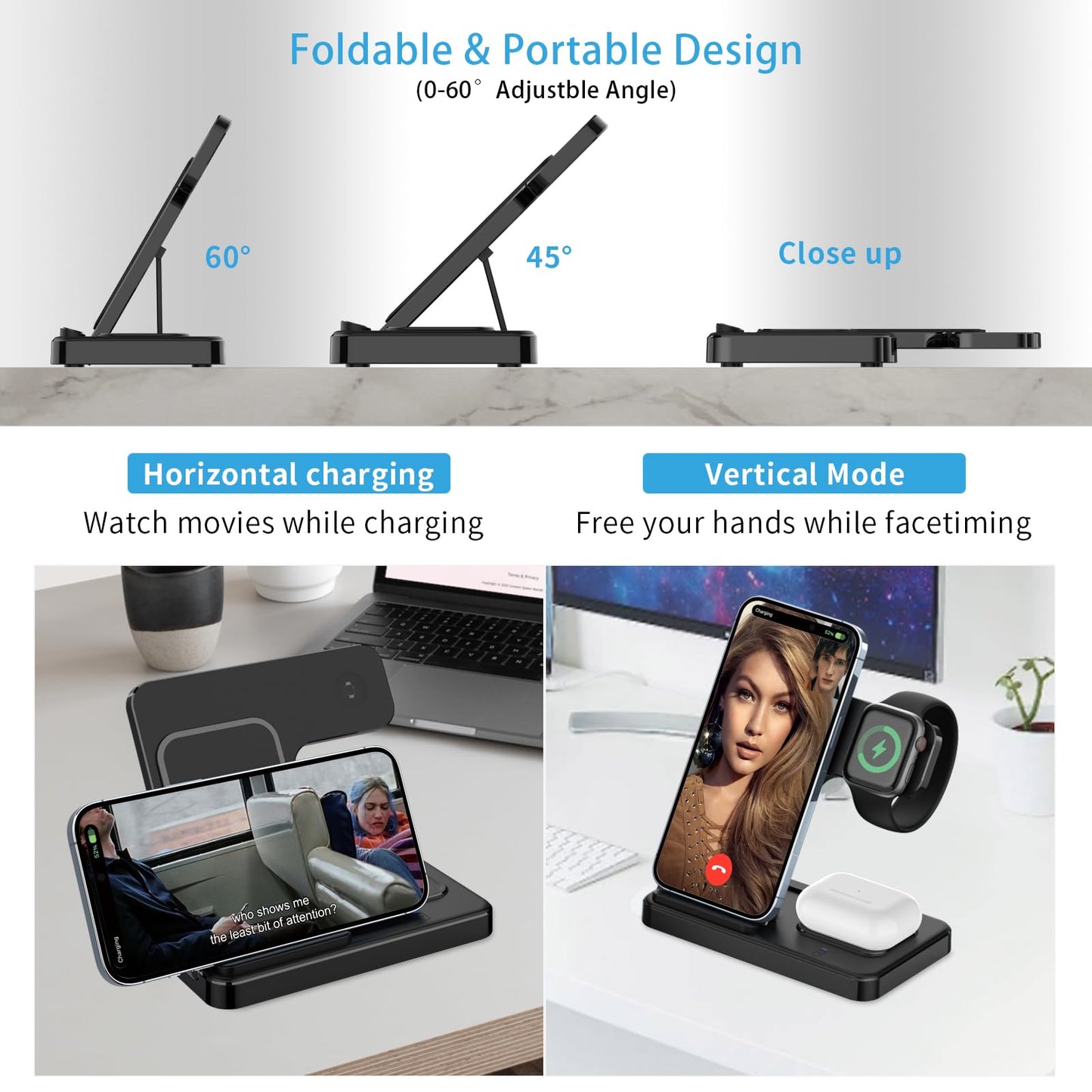 Cargador Inalámbrico 3 en 1 con Cabezal QC3.0 de 18W para iPhone, Samsung, Apple Watch, AirPods