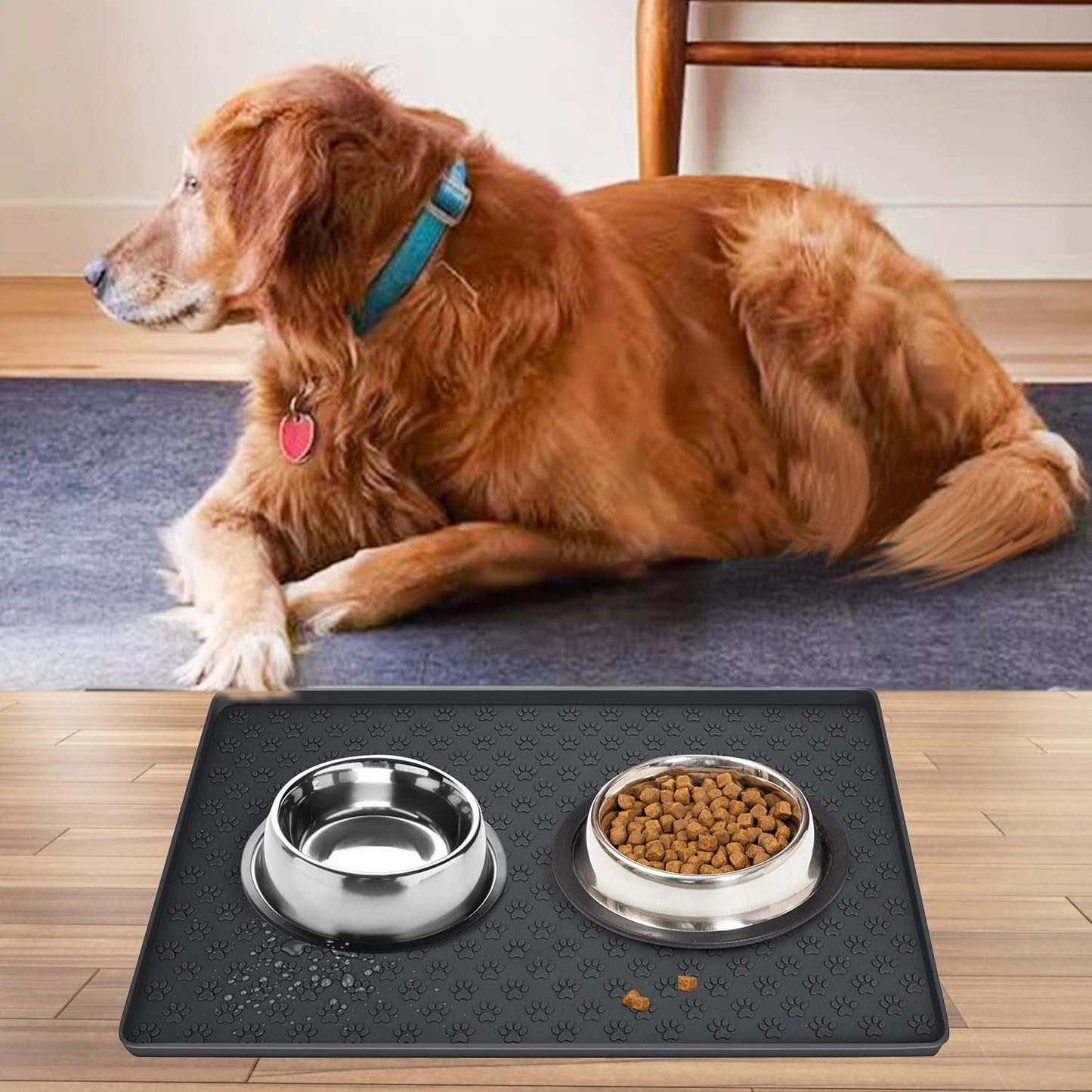JEMUON Tapete de Silicona para Alimentación de Mascotas, 2 Piezas Tapete para Perro y Gatos Comida Plegable, Tapete para Comida de Perro, Tapete Perro para Evitar Derrames de Comida y Agua (Negro)