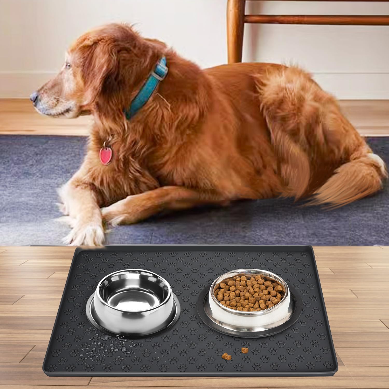 JEMUON Tapete de Silicona para Alimentación de Mascotas, 2 Piezas Tapete para Perro y Gatos Comida Plegable, Tapete para Comida de Perro, Tapete Perro para Evitar Derrames de Comida y Agua (Negro)