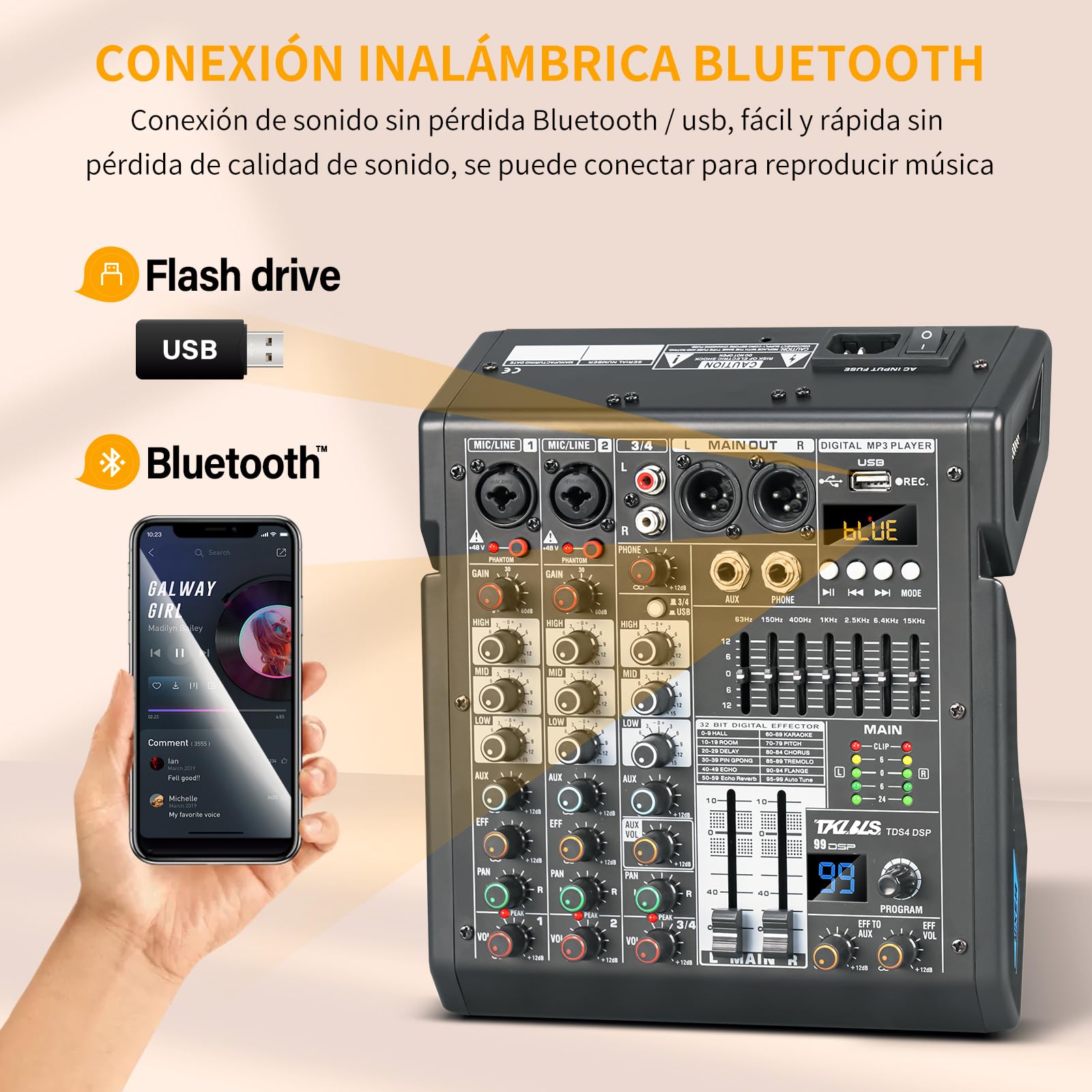 Mezclador de Audio TKLBLS Estéreo con Consola de Mezcla DSP de 4 Canales y Salida de EQ de 7 Bandas