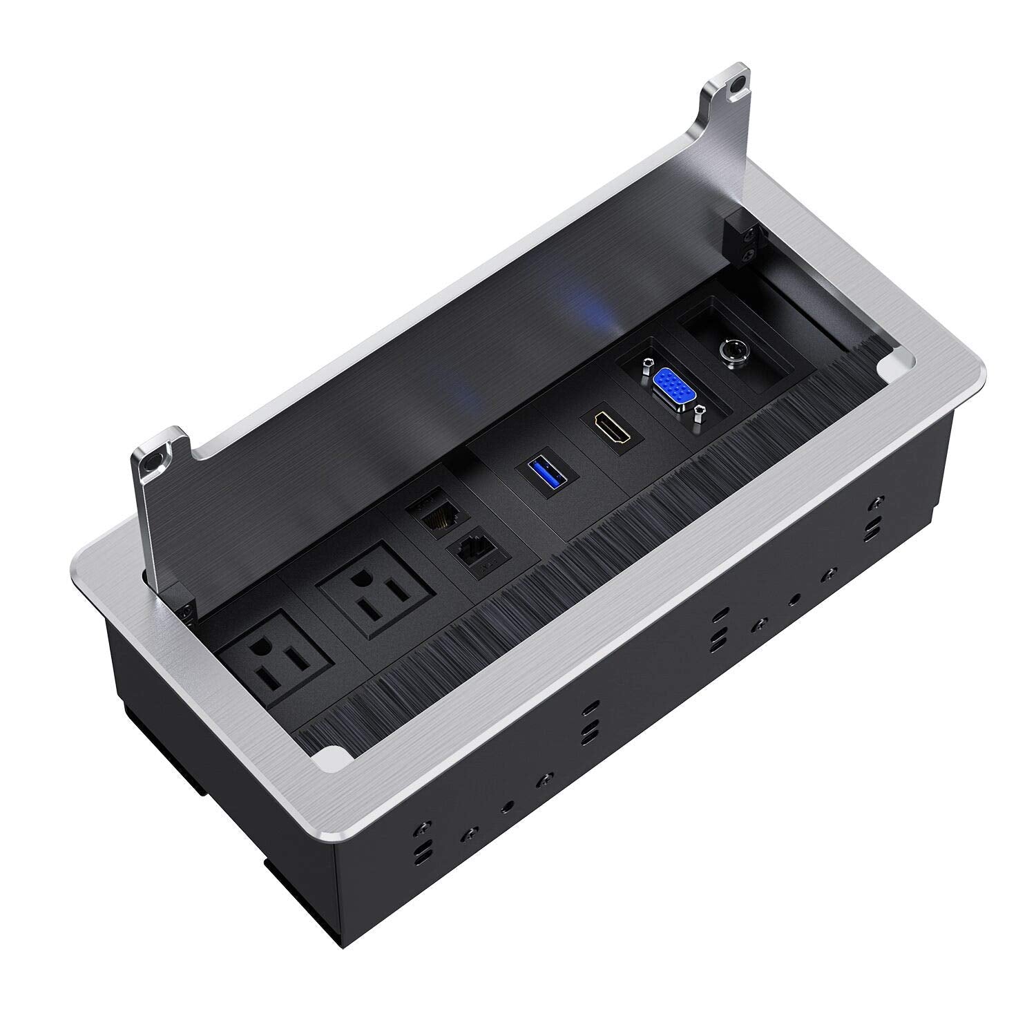 WEBANG Caja de conectividad empotrada Salida para mesa de sala de conferencias con receptáculo 2AC, 2RJ45, 1USB3.0, 1HDMI, 1 VGA, audio de 13,5 mm, color plateado