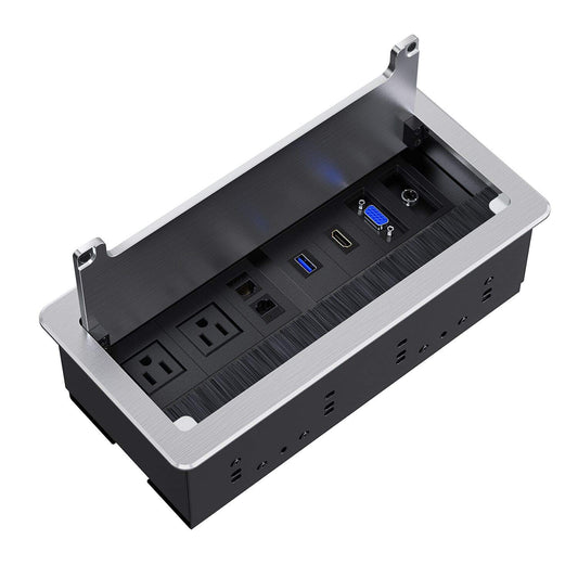 WEBANG Caja de conectividad empotrada Salida para mesa de sala de conferencias con receptáculo 2AC, 2RJ45, 1USB3.0, 1HDMI, 1 VGA, audio de 13,5 mm, color plateado
