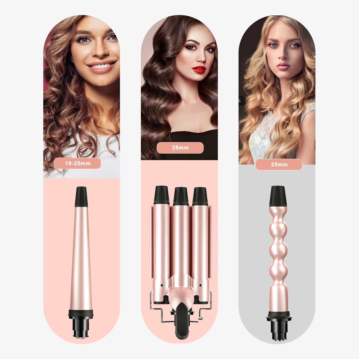 Rizador de Cabello, Juego de Rizadora de Pelo 3 en 1 con 3 Barriles, Ferro de Rizador de Cabello Intercambiables, Ondas Cerámica con Temperatura Ajustable Calentamiento Rápido, para Todo Tipo de Pelo