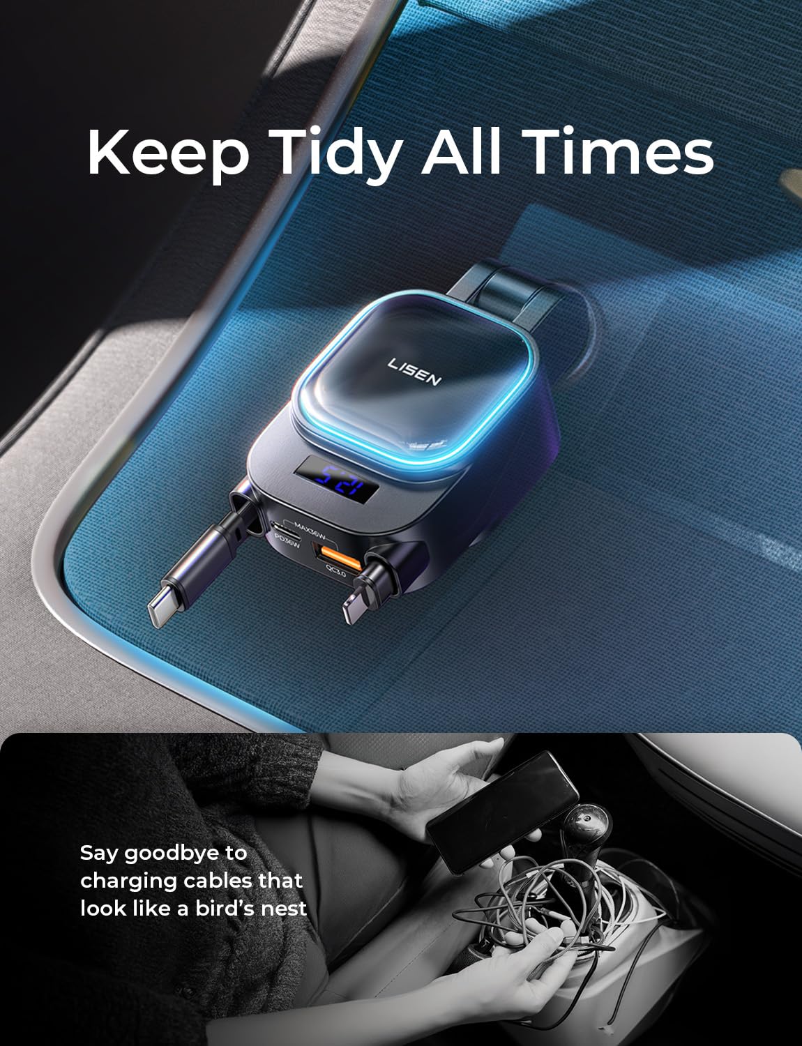 LISEN 96W Cargador de Auto Retráctil [2025 Actualizado] 4 en 1, Cargador de Coche USB C con iPhone Cable&30W Cable USB C, para iPhone 16/15/14, Galaxy S25/S24/S23 Ultra, Xiaomi, iPad Mini