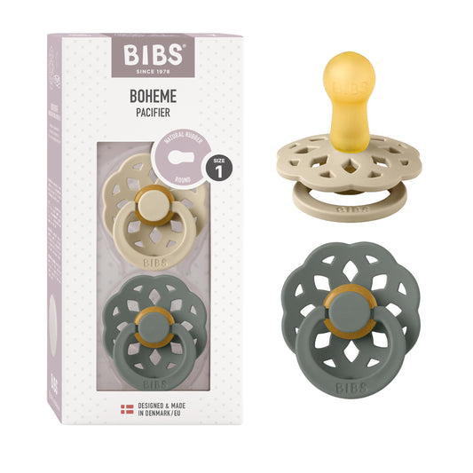 BIBS Chupones Boheme Pack de 2, Tetina redonda de látex natural, Talle 1, Color Vanilla/Pine, 0 a 6 meses, Hecho en Dinamarca
