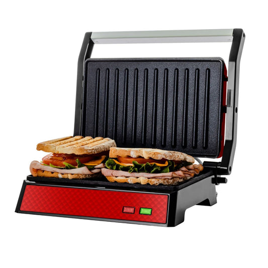 Parrilla Eléctrica Ovente Roja con Apagado Automático y Bandeja de Goteo