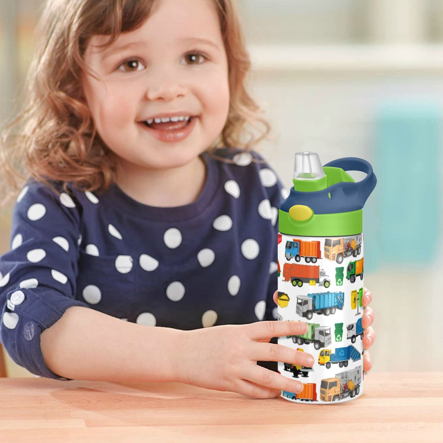 Botella de agua de acero inoxidable para niños, botella de agua aislada al aspiradora de acero inoxidable de 12 onzas para niños y niños, botellas aisladas al aspiradora de doble pared (camiones de