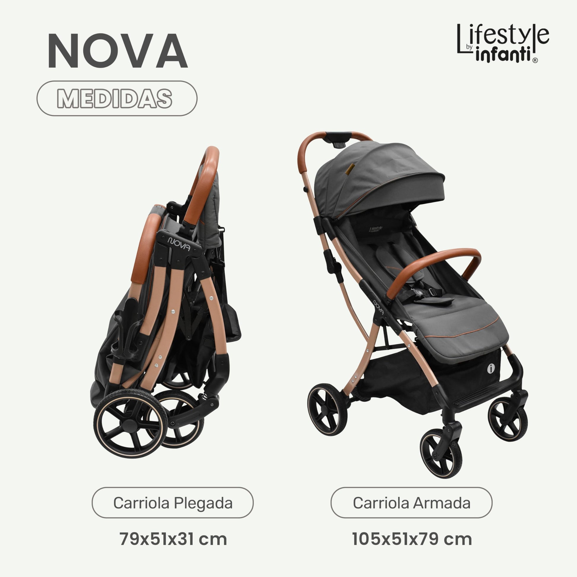 INFANTI | Carriola para Bebe Nova Gris Lifestyle | Carreola Bebé con Plegado Automático y Compacto con Arnés de 5 Puntos - Toldo Completo con Visera y Ventanilla | Reclinación Ajustable y Canastilla